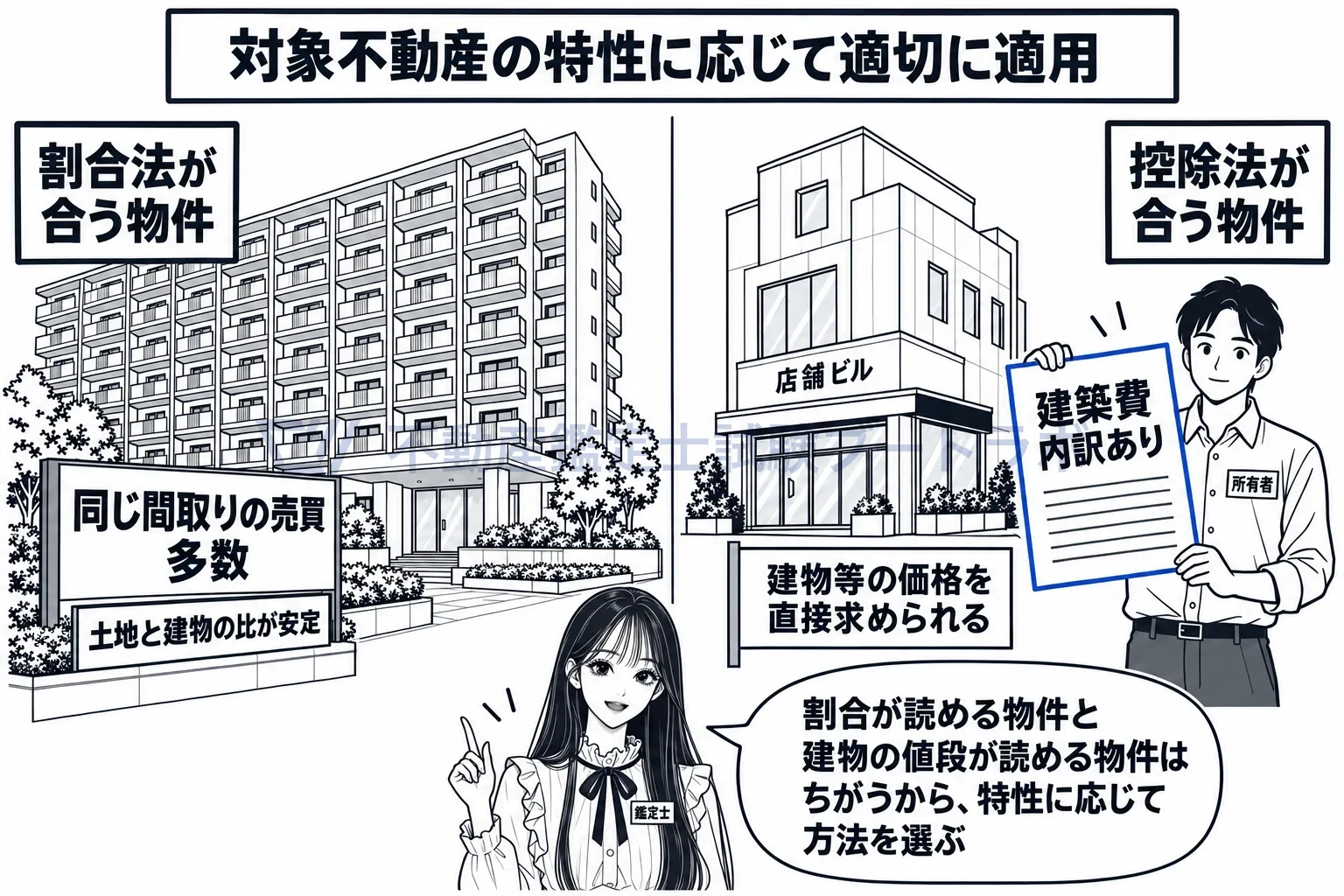 複合不動産価格の図解:同じ間取りが繰り返し売買される物件は割合法、建物の値段を直接見積もれる物件は控除法。