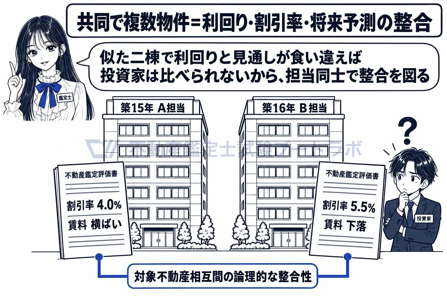 複数の不動産鑑定士の共同の図解:似た二棟の割引率が担当者ごとにばらつかないよう、相互の整合を図る。