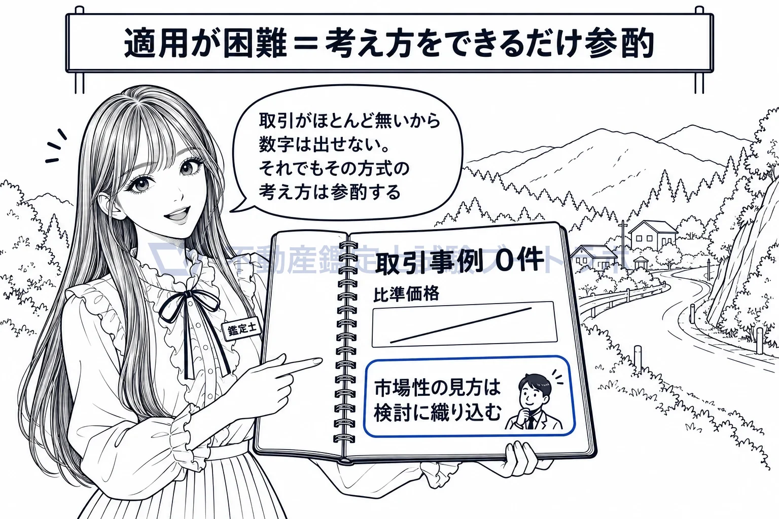 複数の鑑定評価の手法の適用の図解：事例が無くて数字は出せなくても、その方式の見方は検討に織り込む。