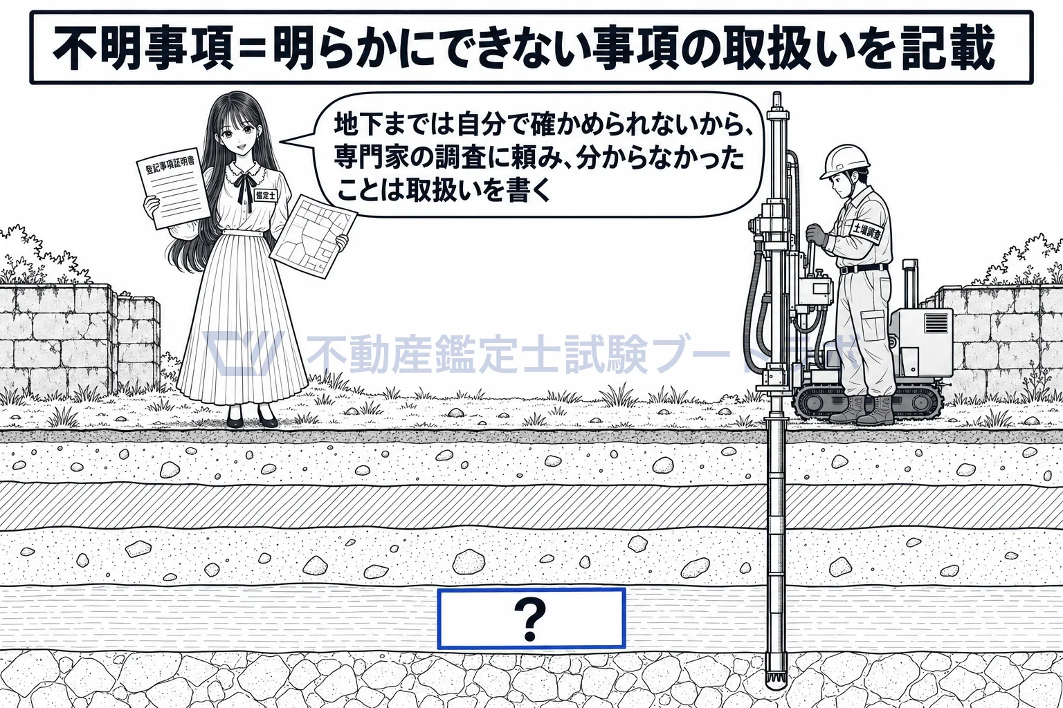 鑑定評価上の不明事項の図解:見えるところは鑑定士が調べ、地下は専門家に頼み、分からなかったことは取扱いを書く。