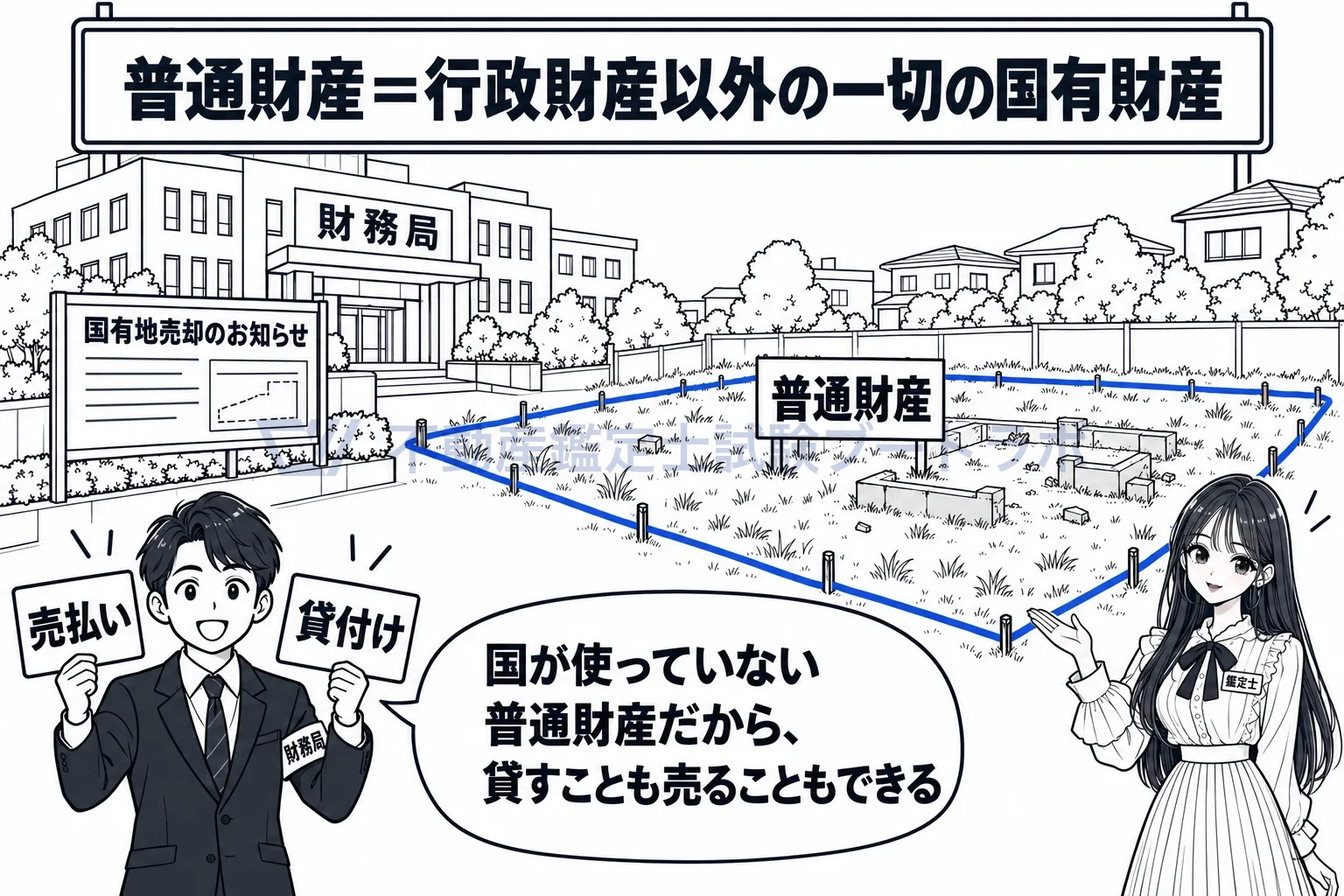 普通財産の図解：国が使っていない土地は、貸すことも売ることもできる。