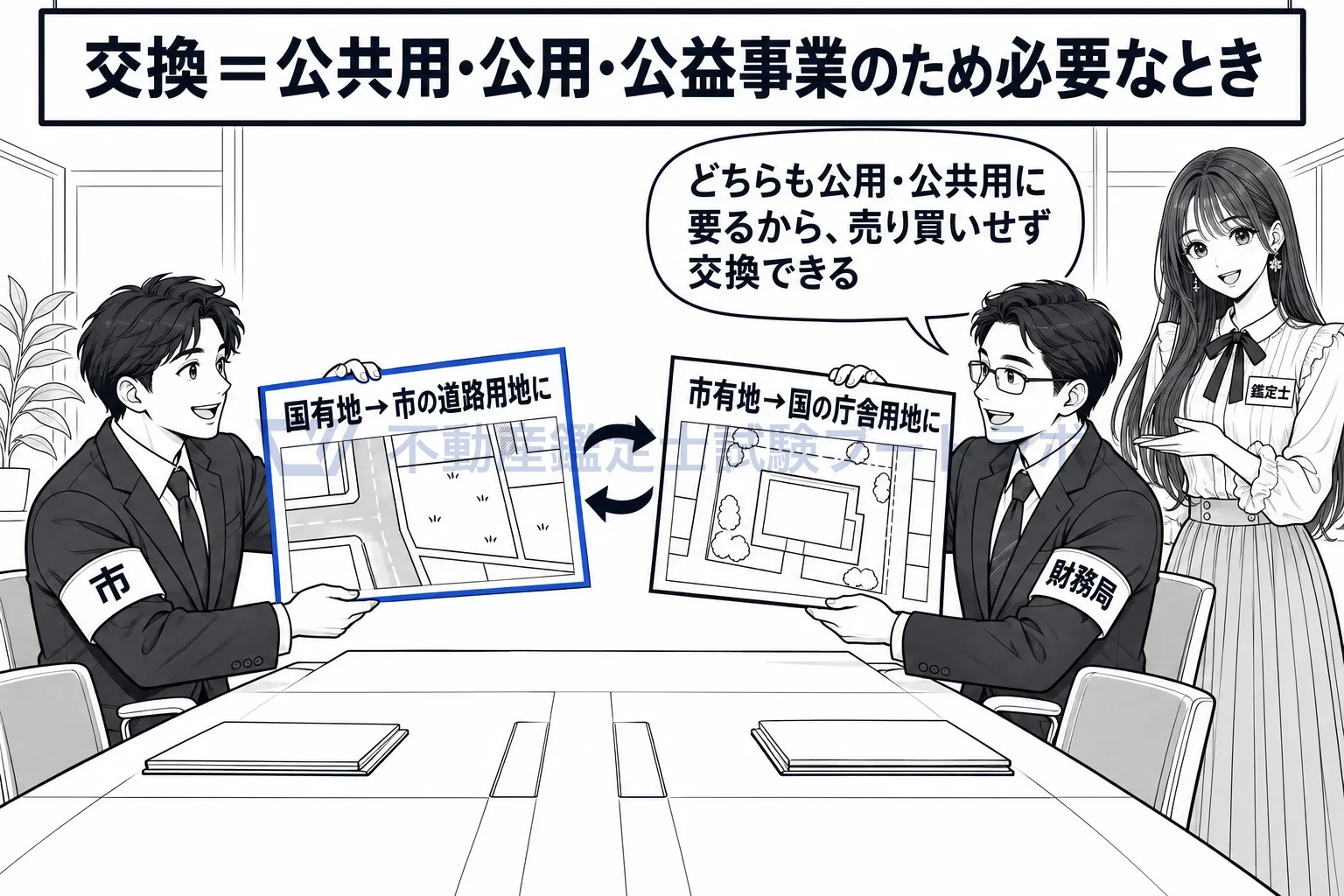 普通財産の交換の図解：どちらも公共のために要るから、売り買いせず交換できる。