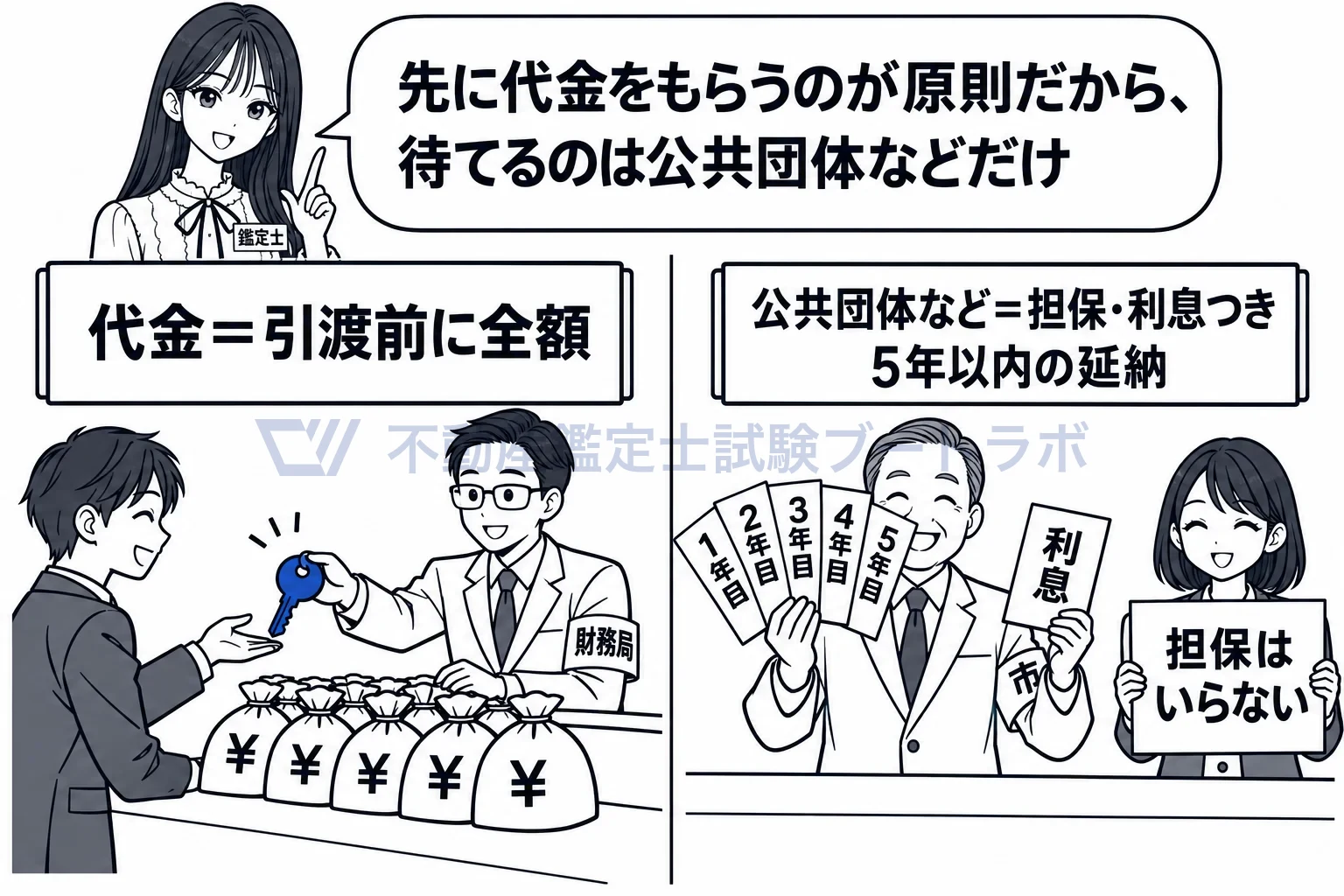 普通財産の売払いの図解：先に代金をもらうのが原則。待てるのは公共団体などだけ。