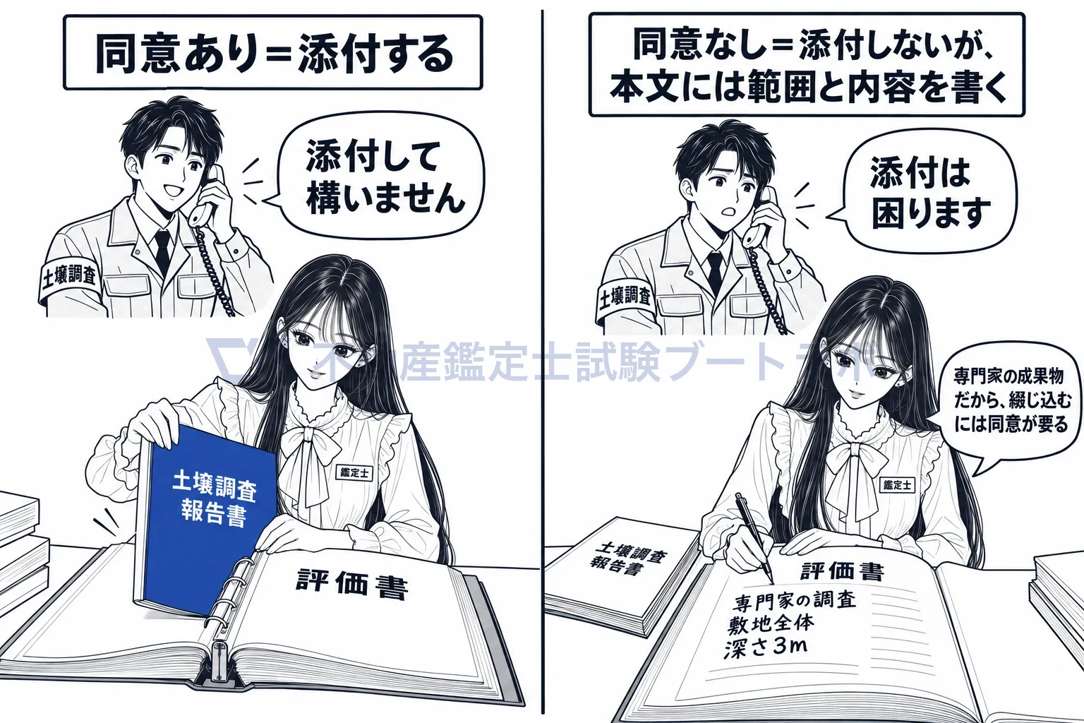 附属資料の図解：同意があれば綴じ込み、同意が無ければ本文に範囲と内容を書くにとどめる。