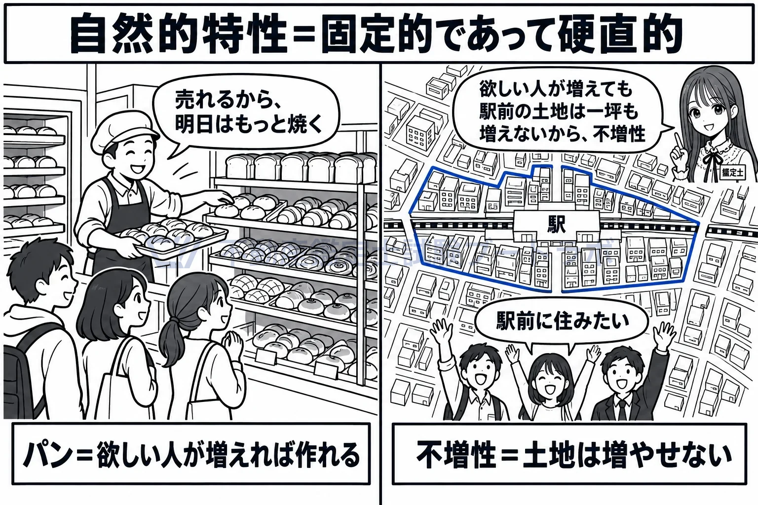 不増性の図解：パンは明日もっと焼けるが、駅前の土地は一坪も増えない。