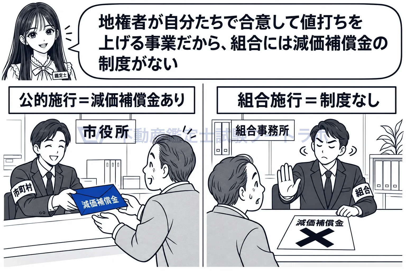 減価補償金の図解：公的施行者には減価補償金の制度があり、組合にはない。