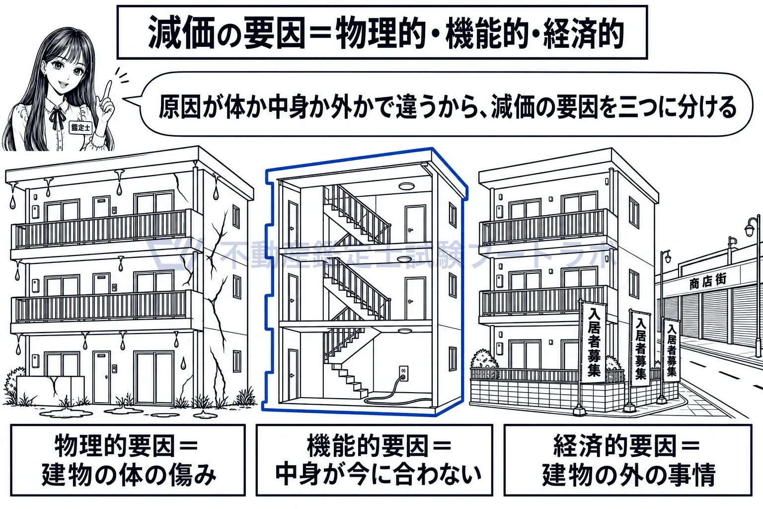 減価の要因の図解：体の傷み、中身の古さ、外の事情。同じ建物でも減る理由は三つ。