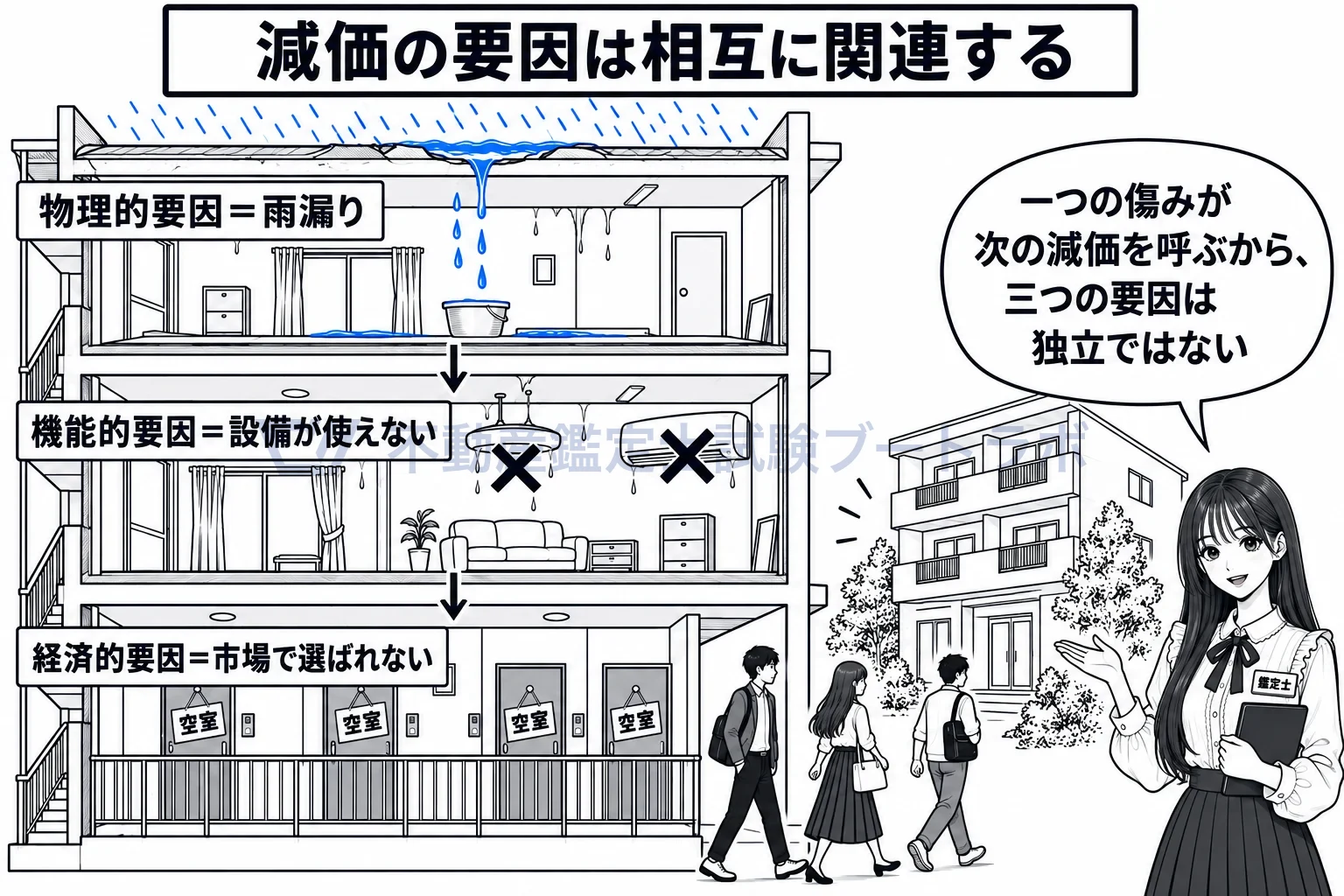 減価の要因の図解：雨漏りが設備を止め、部屋が埋まらなくなる。三つはつながっている。