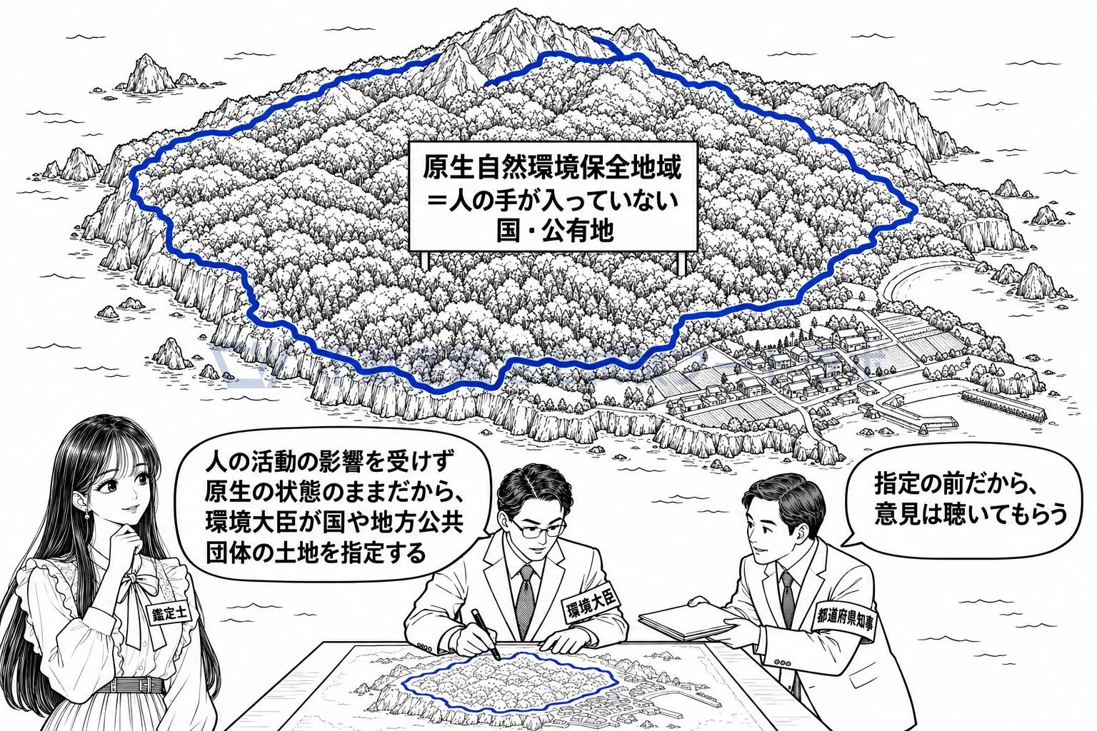 原生自然環境保全地域の図解:人の手が入っていない国や地方公共団体の土地を、環境大臣が囲む。