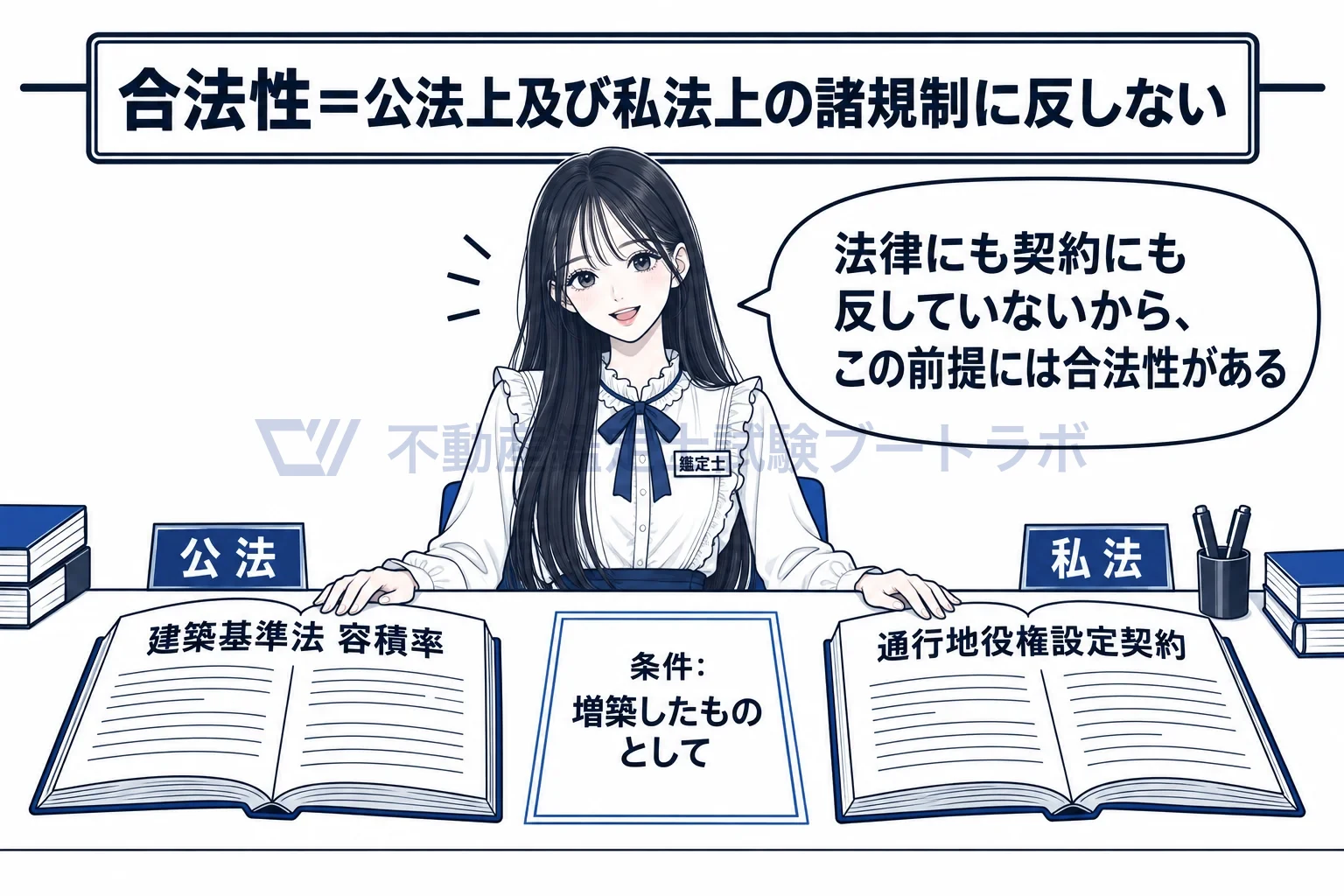 合法性の図解：前提が法律にも契約にも反していないか、両方の本を開いて確かめる。