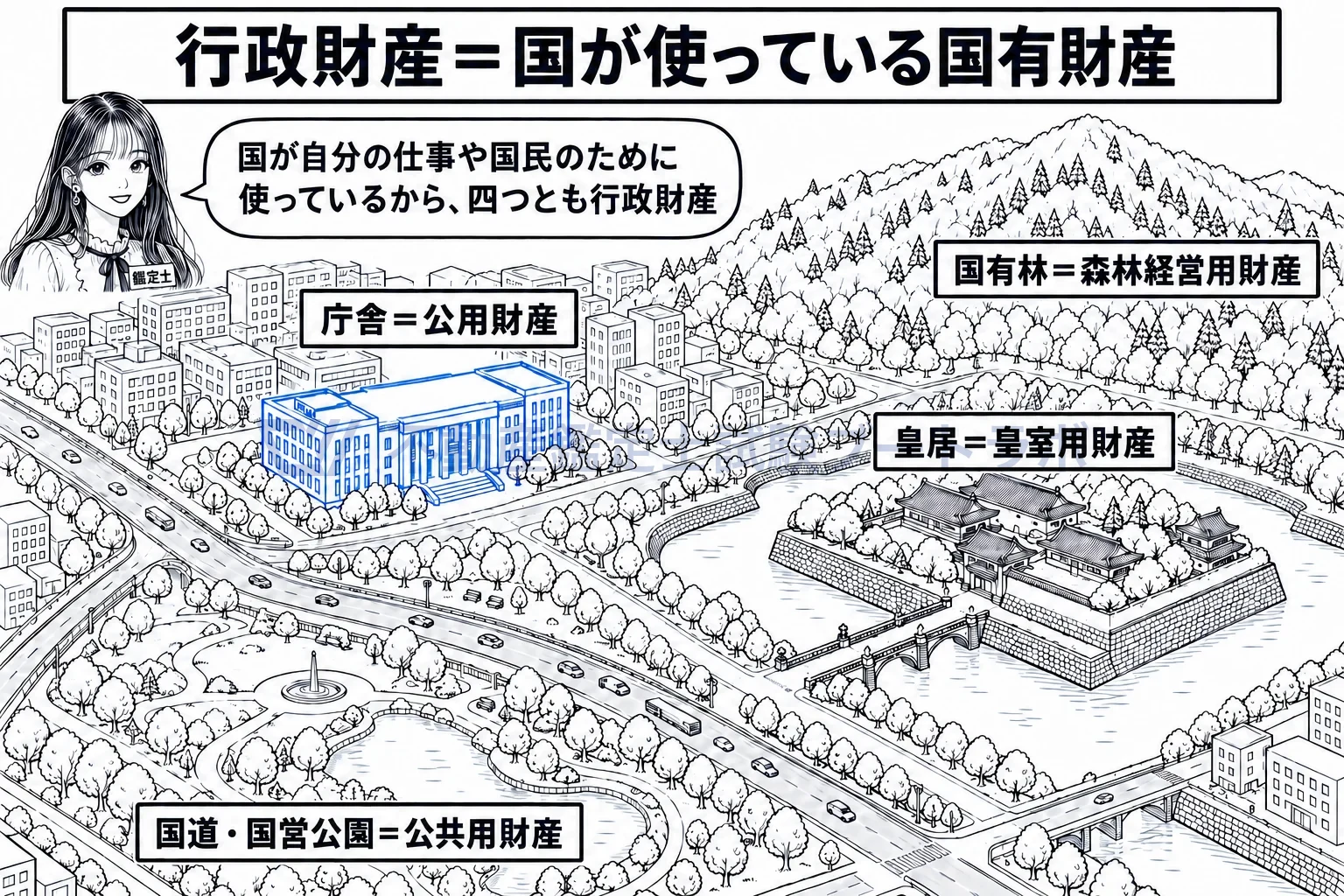 行政財産の図解：庁舎、国道、皇居、国有林。国が使っているから、四つとも行政財産。