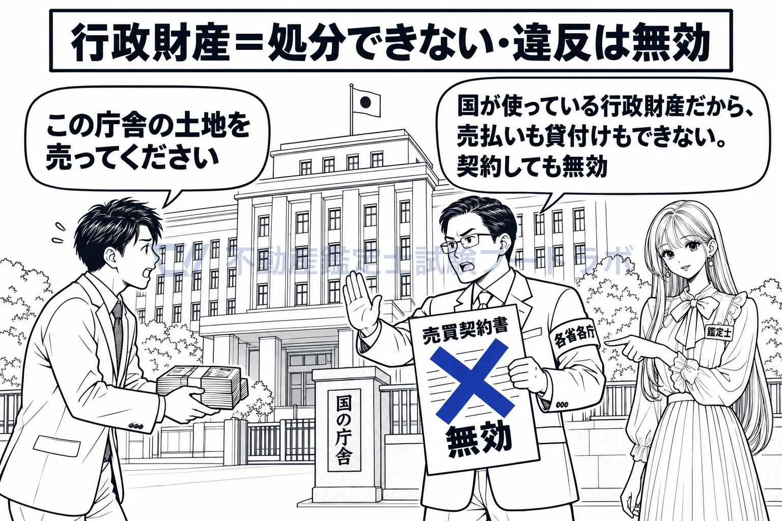 行政財産の図解：国が使っている財産は売れない。契約しても無効。