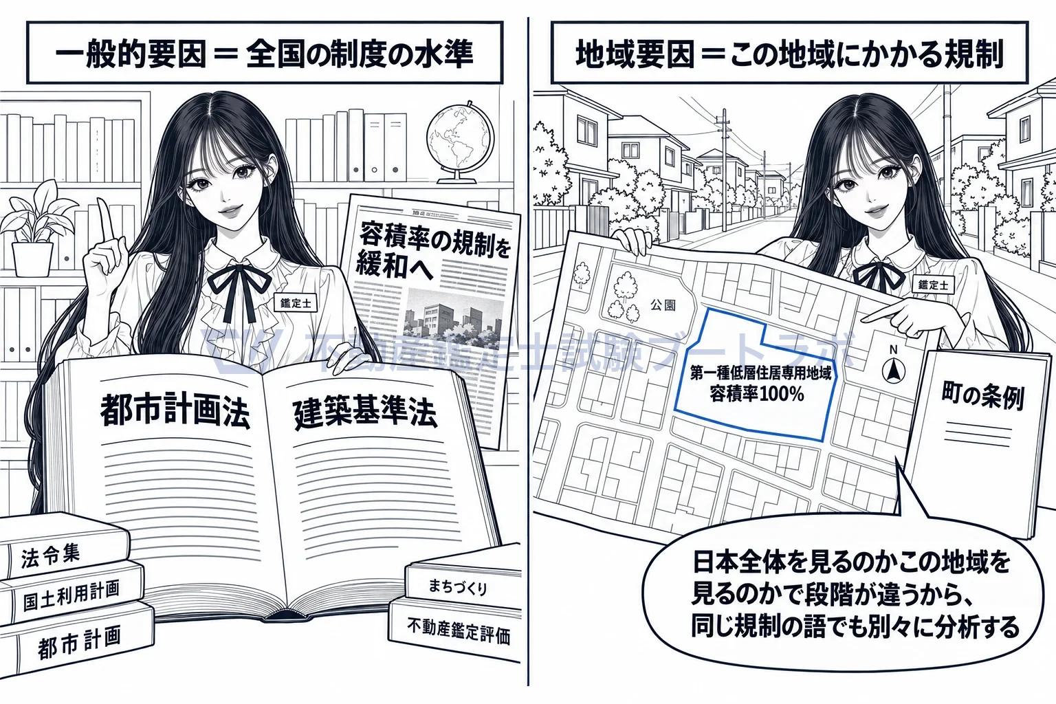 行政的要因の図解:全国の制度の水準を見るのが一般的要因、この地域にかかる規制を見るのが地域要因。
