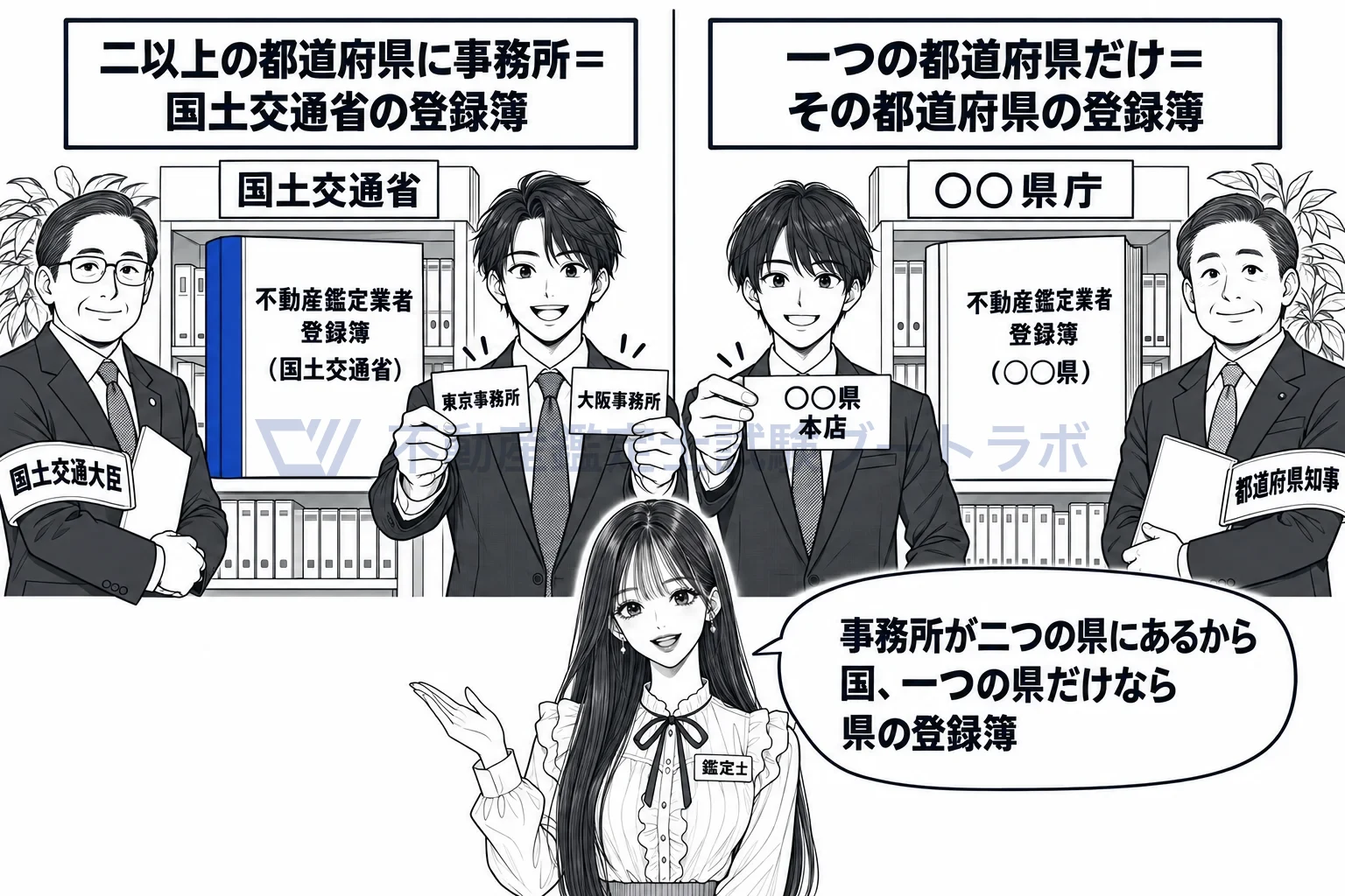 不動産鑑定業者登録簿の図解：事務所が二つの県にあるから国、一つの県だけなら県の登録簿。