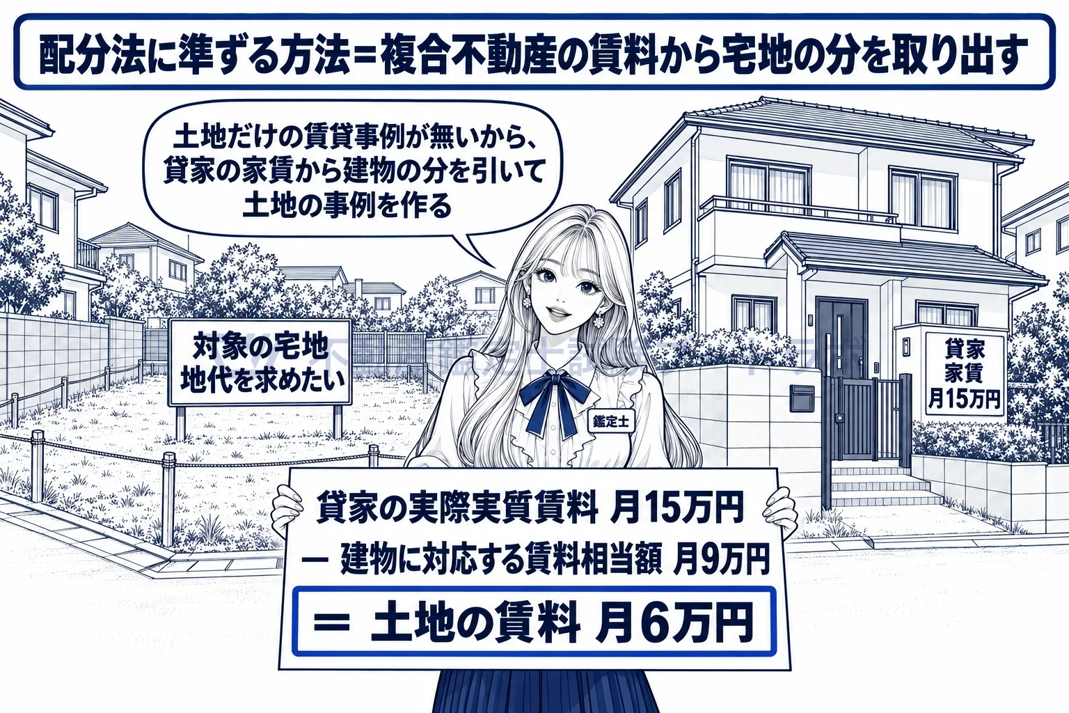配分法に準ずる方法の図解:隣の貸家の家賃から建物の分を差し引いて、土地だけの賃料を取り出す。