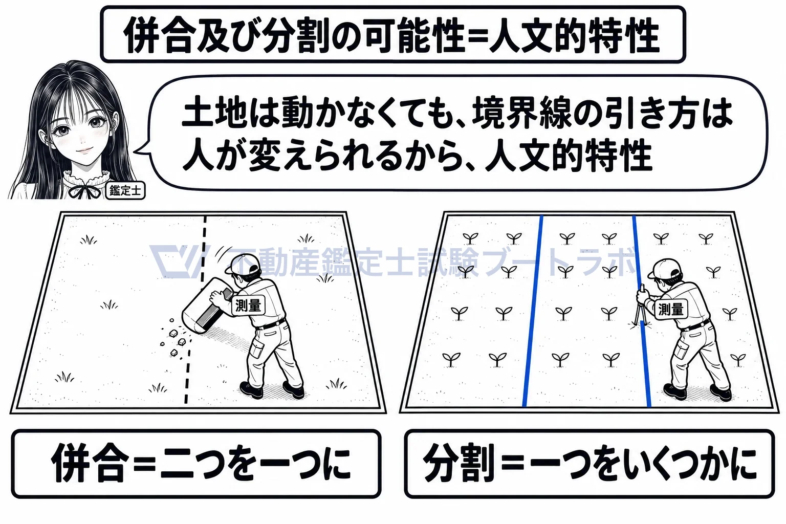 併合及び分割の可能性の図解：土地は動かないが、境界線は人が引き直せる。