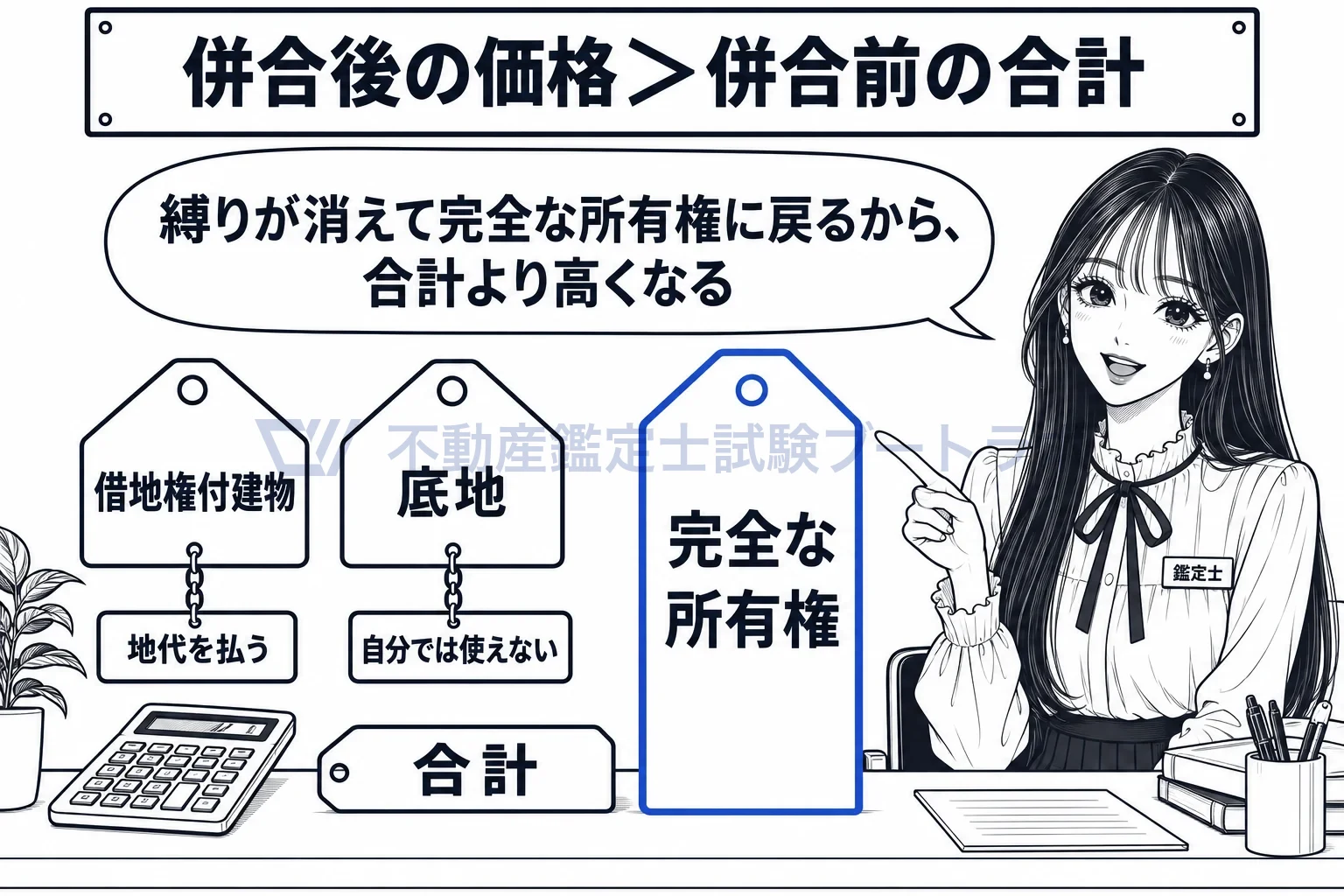 併合及び分割の可能性の図解：縛りが消える分だけ、併合後の価格は合計を上回る。