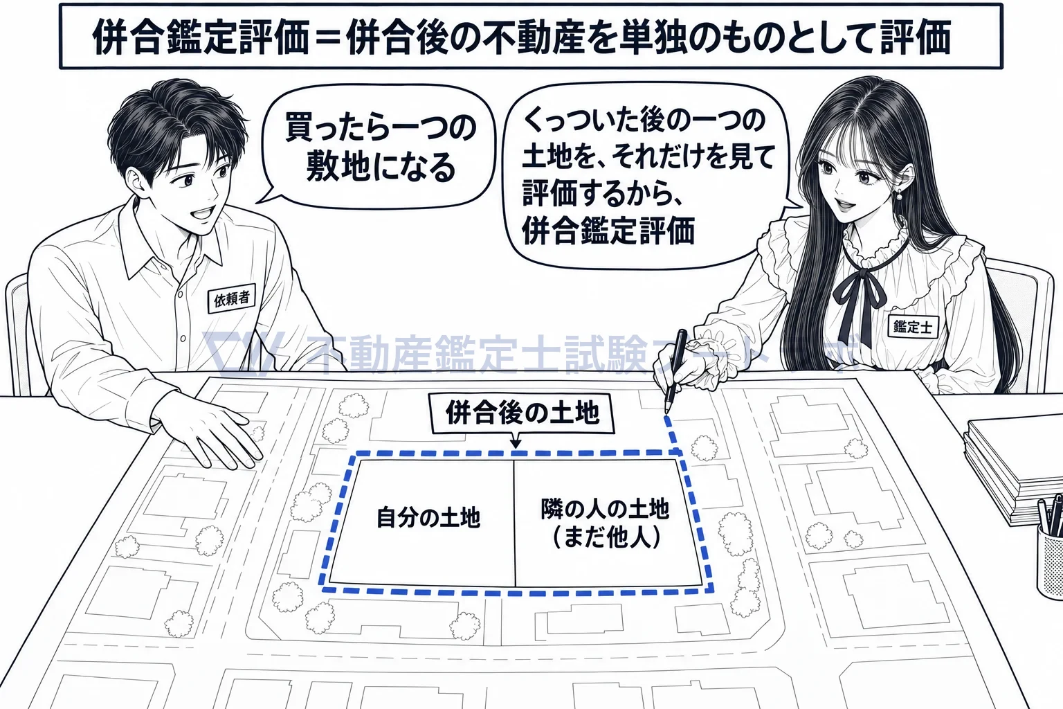 併合鑑定評価の図解:まだ他人の隣地でも、くっついた後の一つの土地を評価する。