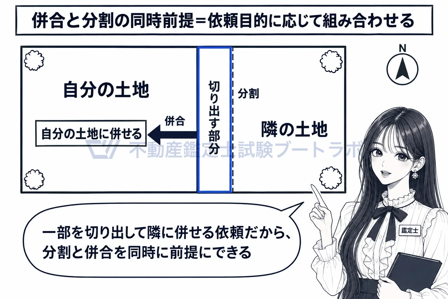 併合鑑定評価の図解:隣地の一部を切り出して自分の土地に併せる依頼は、分割と併合を同時に前提にする。