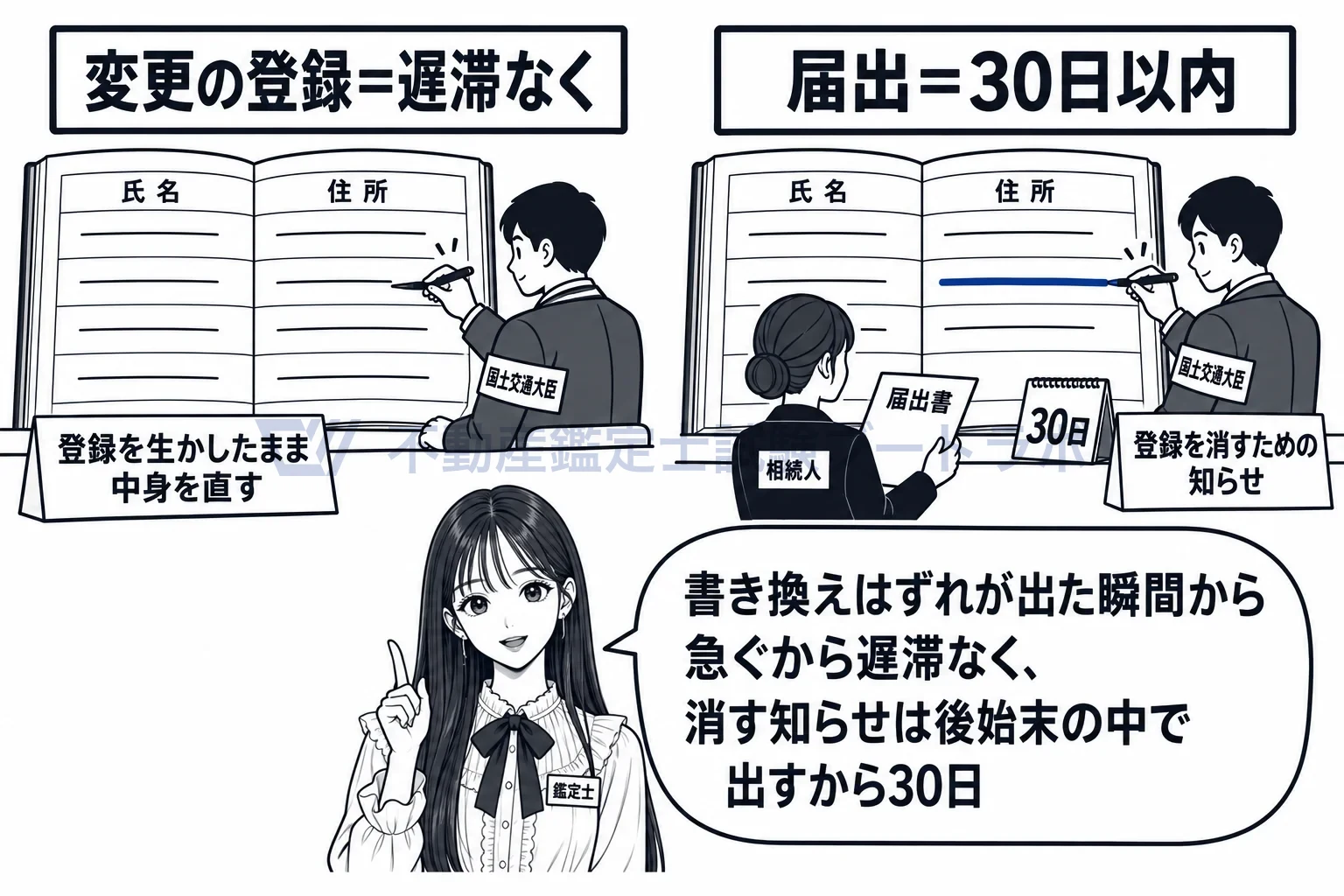 変更の登録の図解：書き換えは遅滞なく、消す知らせは30日以内。