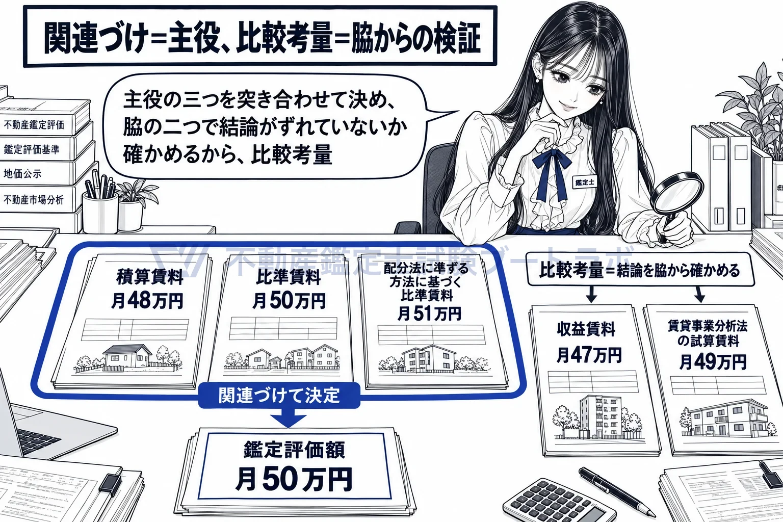 比較考量の図解：主役の試算賃料を突き合わせて決め、脇の試算賃料で結論を確かめる。