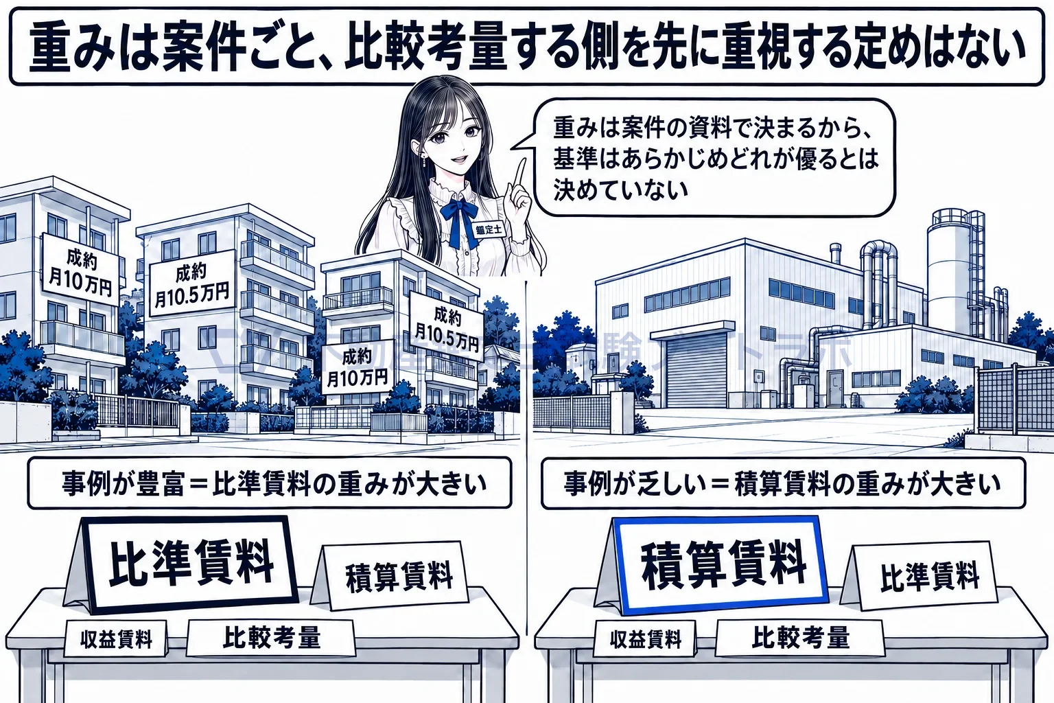 比較考量の図解：重みは案件の資料で決まる。あらかじめどれが優るとは決めていない。