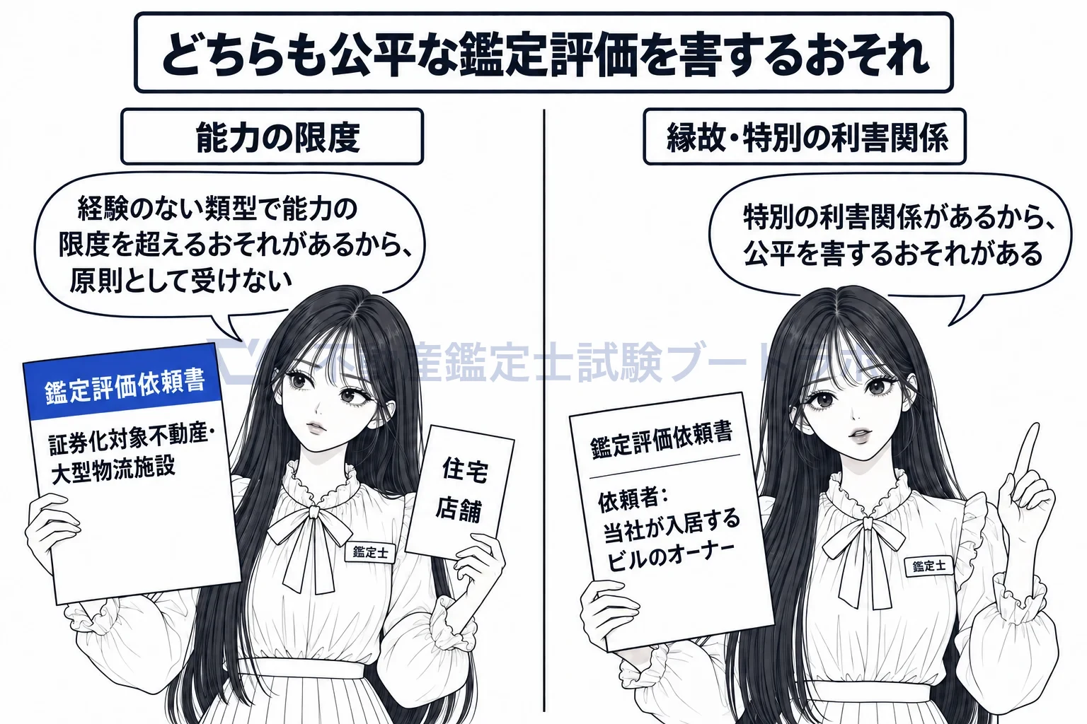 鑑定評価の引受けの制限の図解：経験のない類型は能力の限度、自社が入居するビルは特別の利害関係。