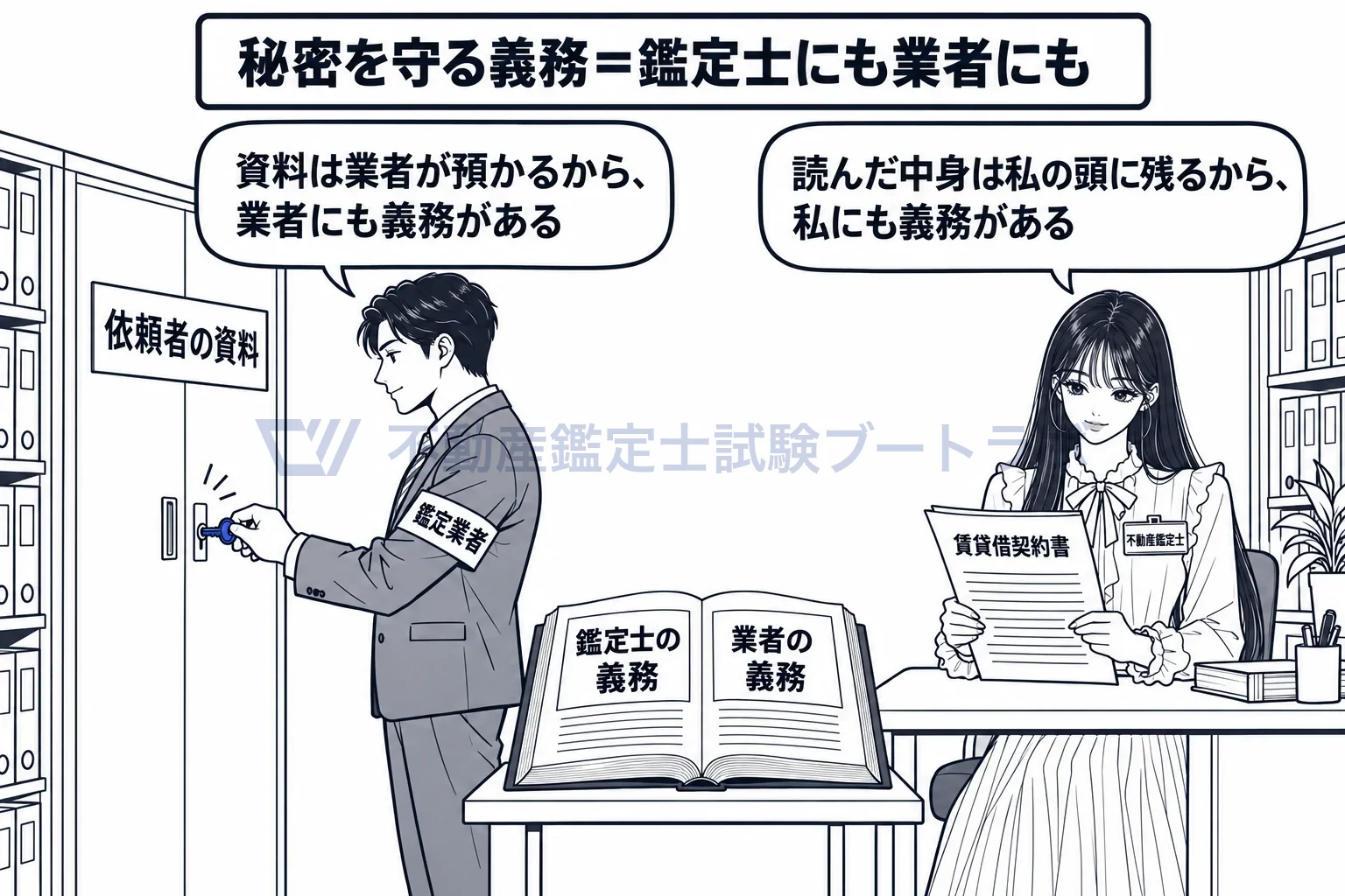 秘密を守る義務の図解:資料を預かる業者にも、資料を読む鑑定士にも、同じ義務がかかる。