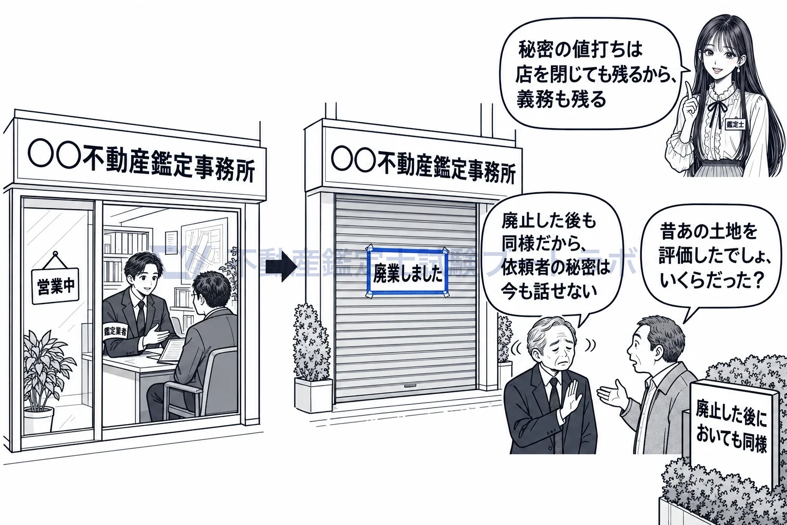 秘密を守る義務の図解:店を閉じても、昔の依頼者の秘密は話せない。