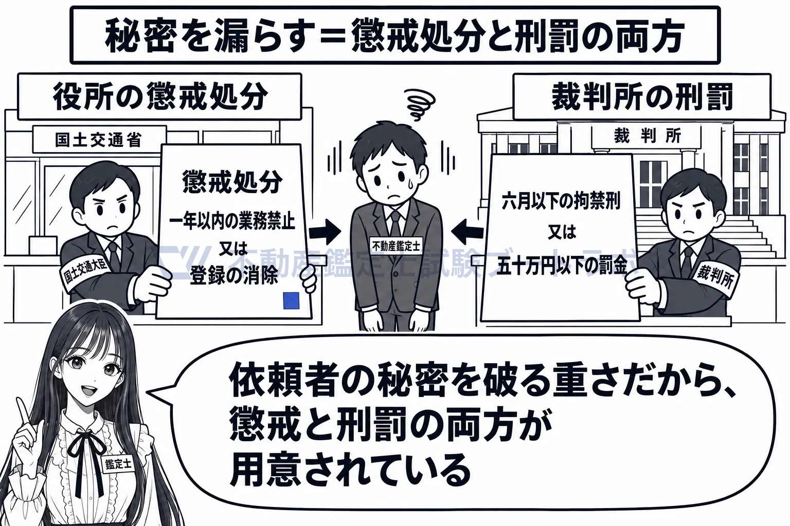 秘密を守る義務の図解:秘密を漏らすと、役所の懲戒と裁判所の刑罰が両方来る。