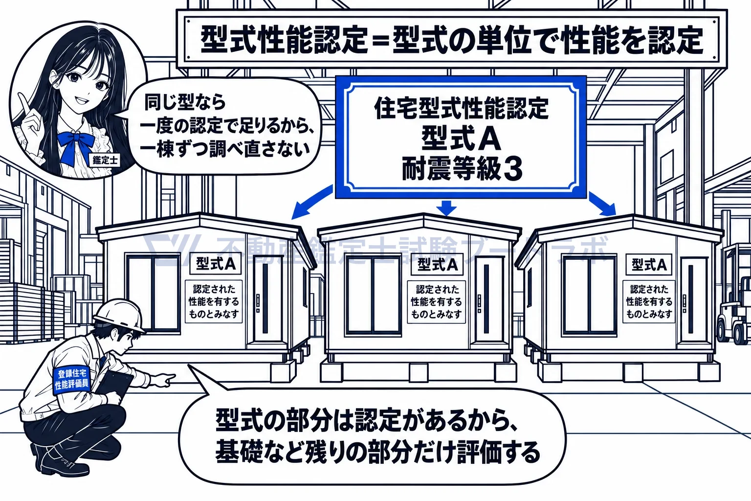 住宅型式性能認定の図解:型式で一度認定すれば、同じ型の家は一棟ずつ調べ直さなくてよい。