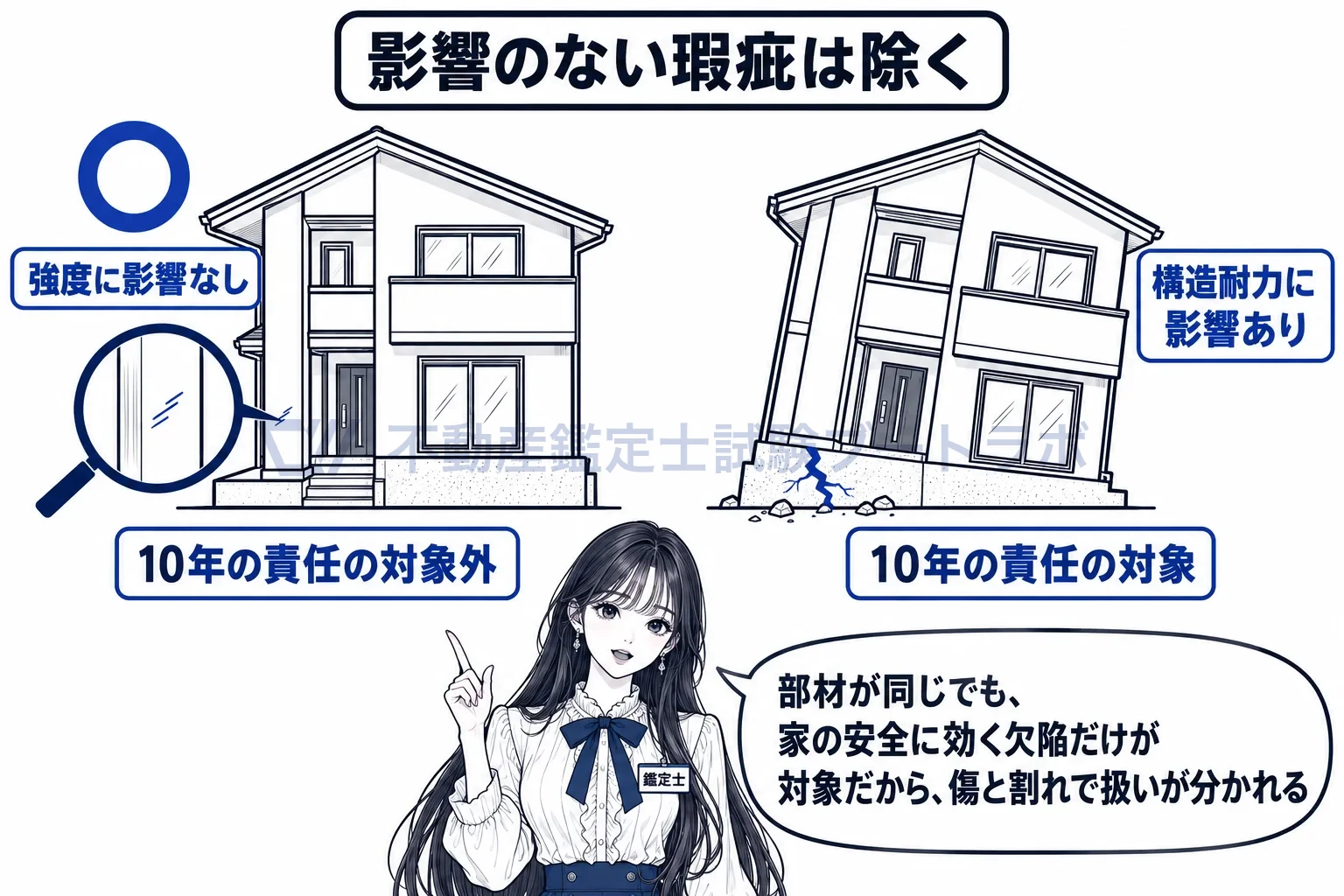 構造耐力上主要な部分の図解:同じ柱の欠陥でも、強度に影響しない傷は10年の責任の外。