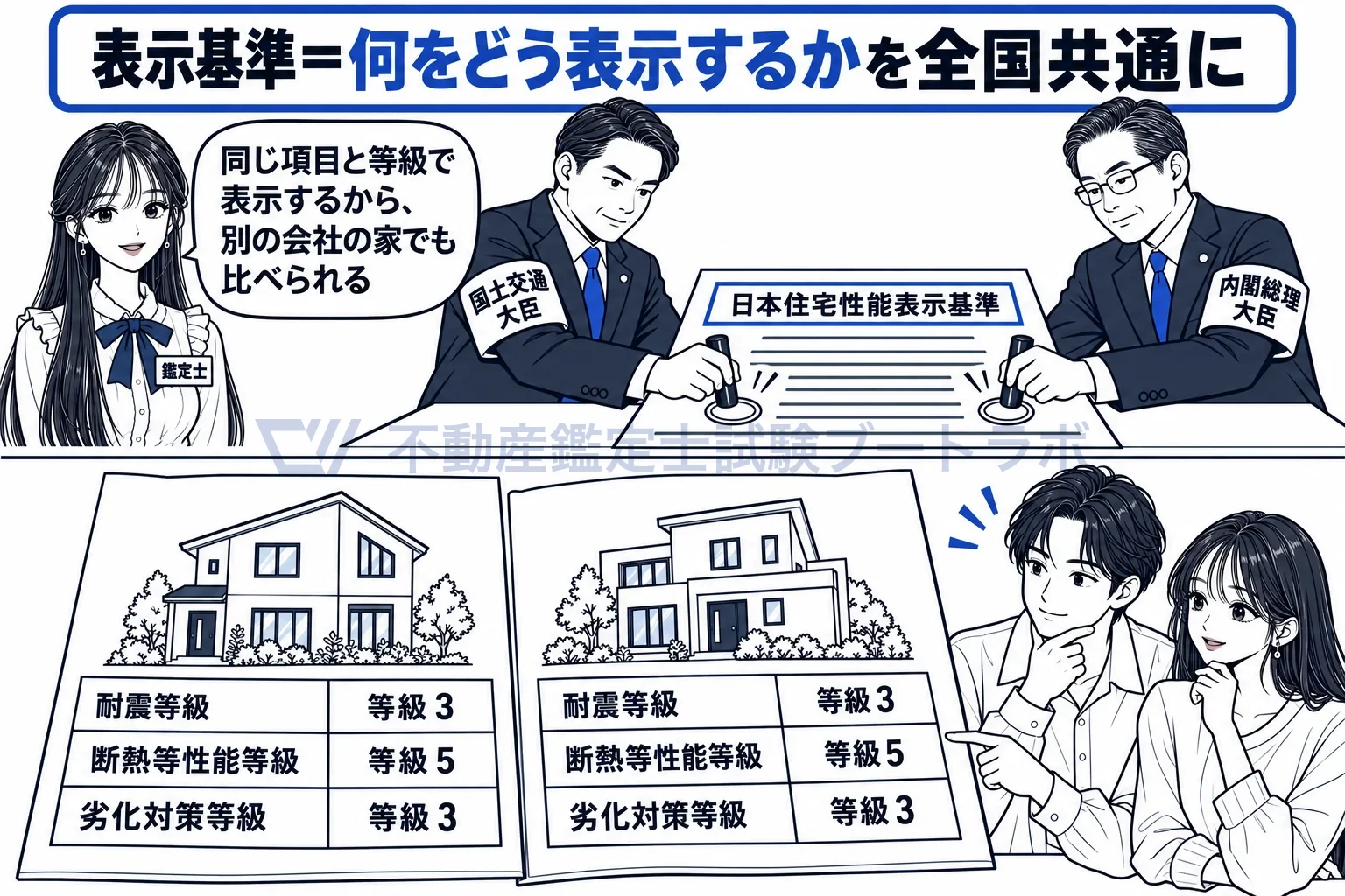 日本住宅性能表示基準の図解:二人の大臣が定めた共通の項目と等級で、家の性能を比べられる。