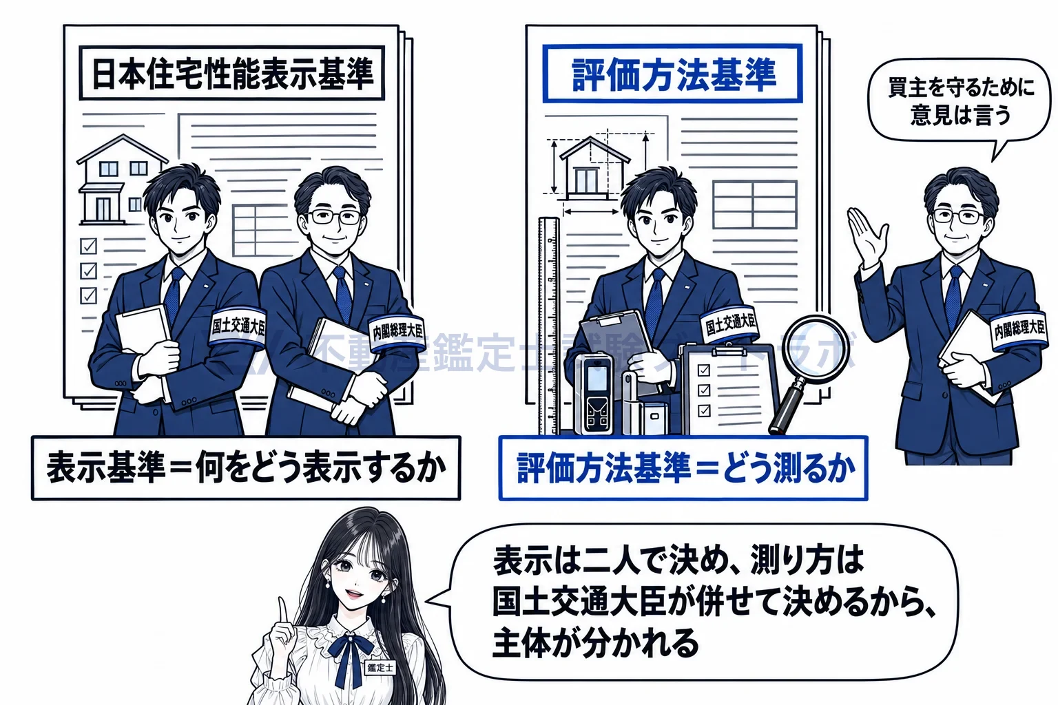 日本住宅性能表示基準の図解:表示基準は二人の大臣、評価方法基準は国土交通大臣だけ。