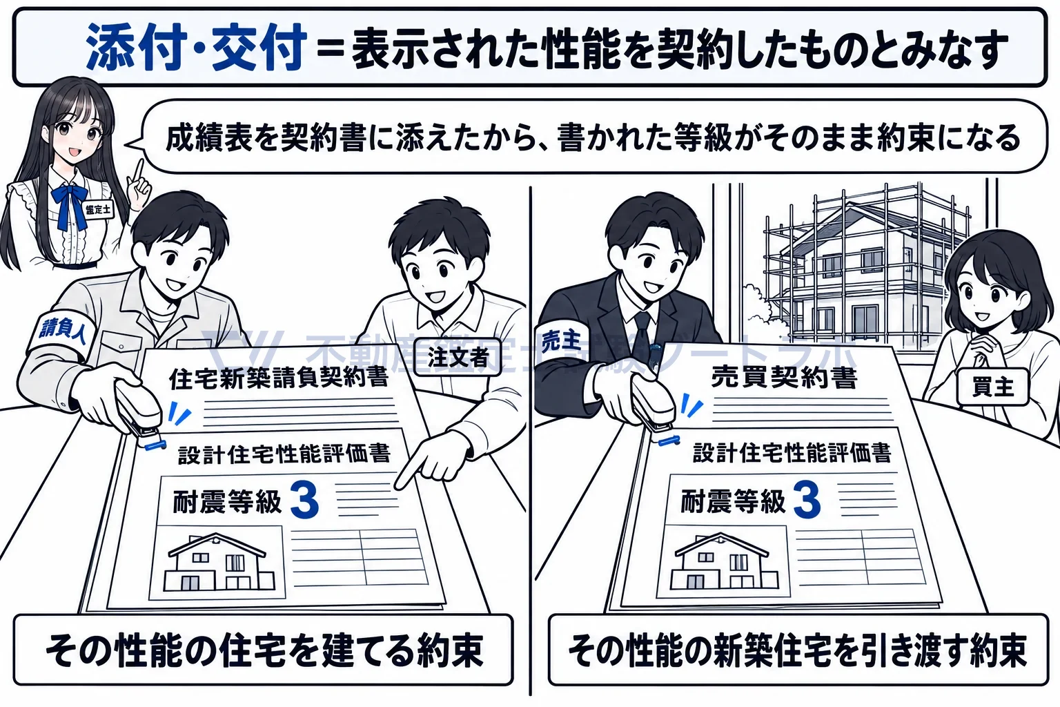 設計住宅性能評価書の図解:請負契約と完了前の売買契約に添えると、成績表の等級が約束になる。