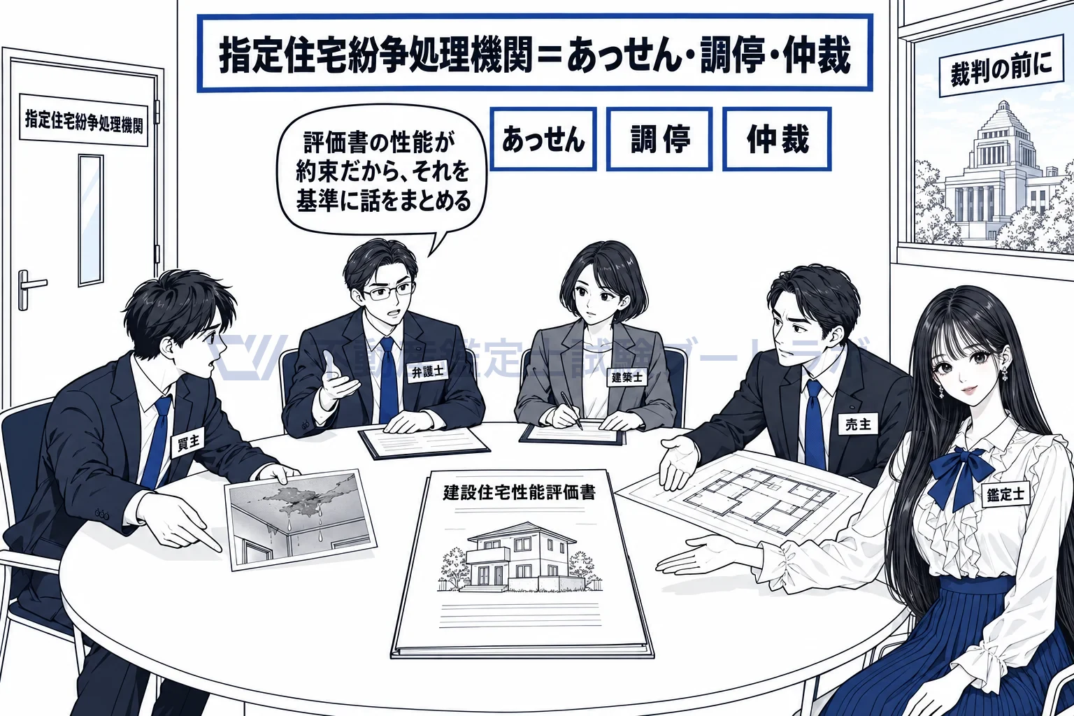 指定住宅紛争処理機関の図解:弁護士と建築士が間に入り、評価住宅の争いを裁判の外で解く。