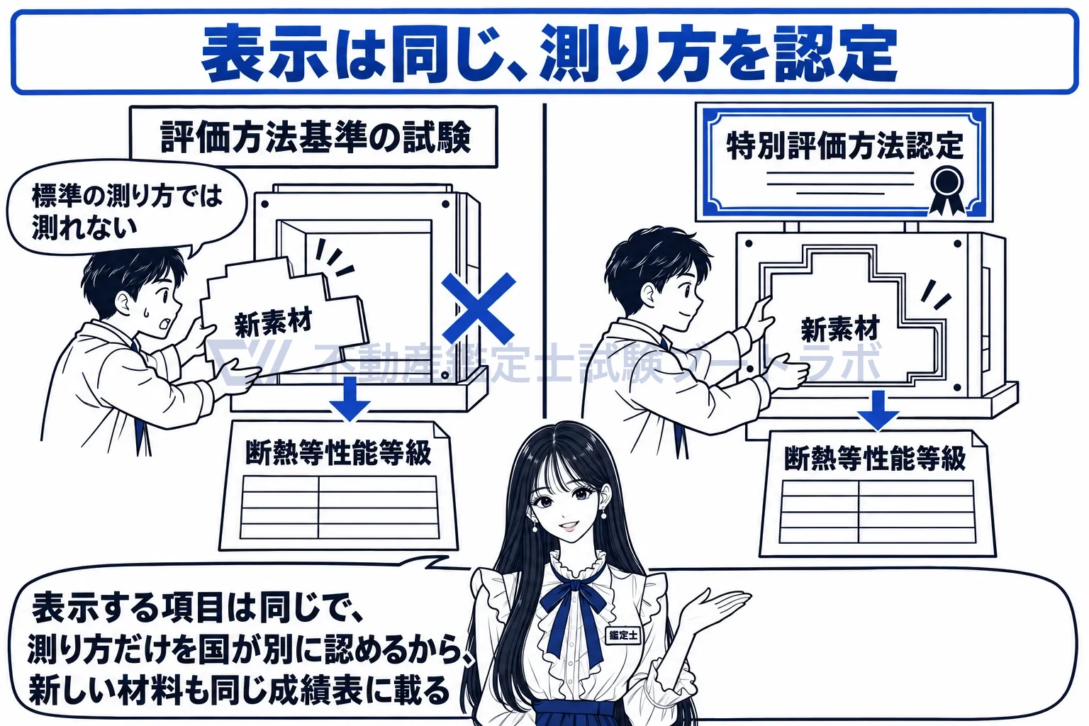 特別評価方法認定の図解:新しい材料は標準の試験で測れないから、測り方だけを別に認める。