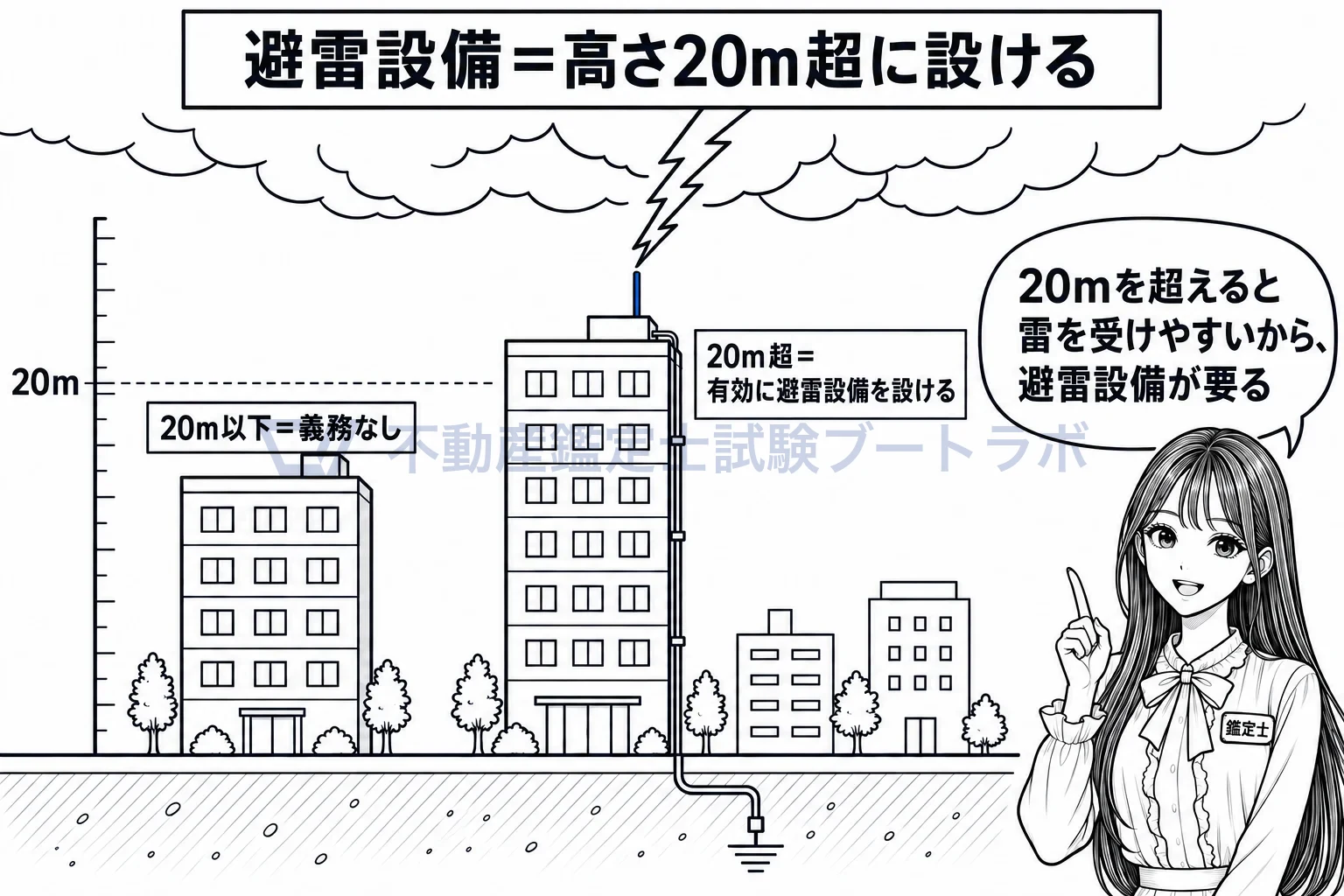 避雷設備の図解：20メートルを超えると雷を受けやすいから、避雷設備を設ける。
