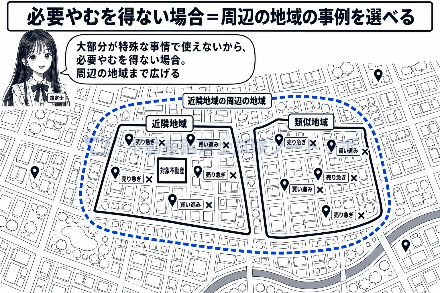 必要やむを得ない場合の図解:近隣地域と類似地域の事例が軒並み使えないとき、周辺の地域まで広げる。