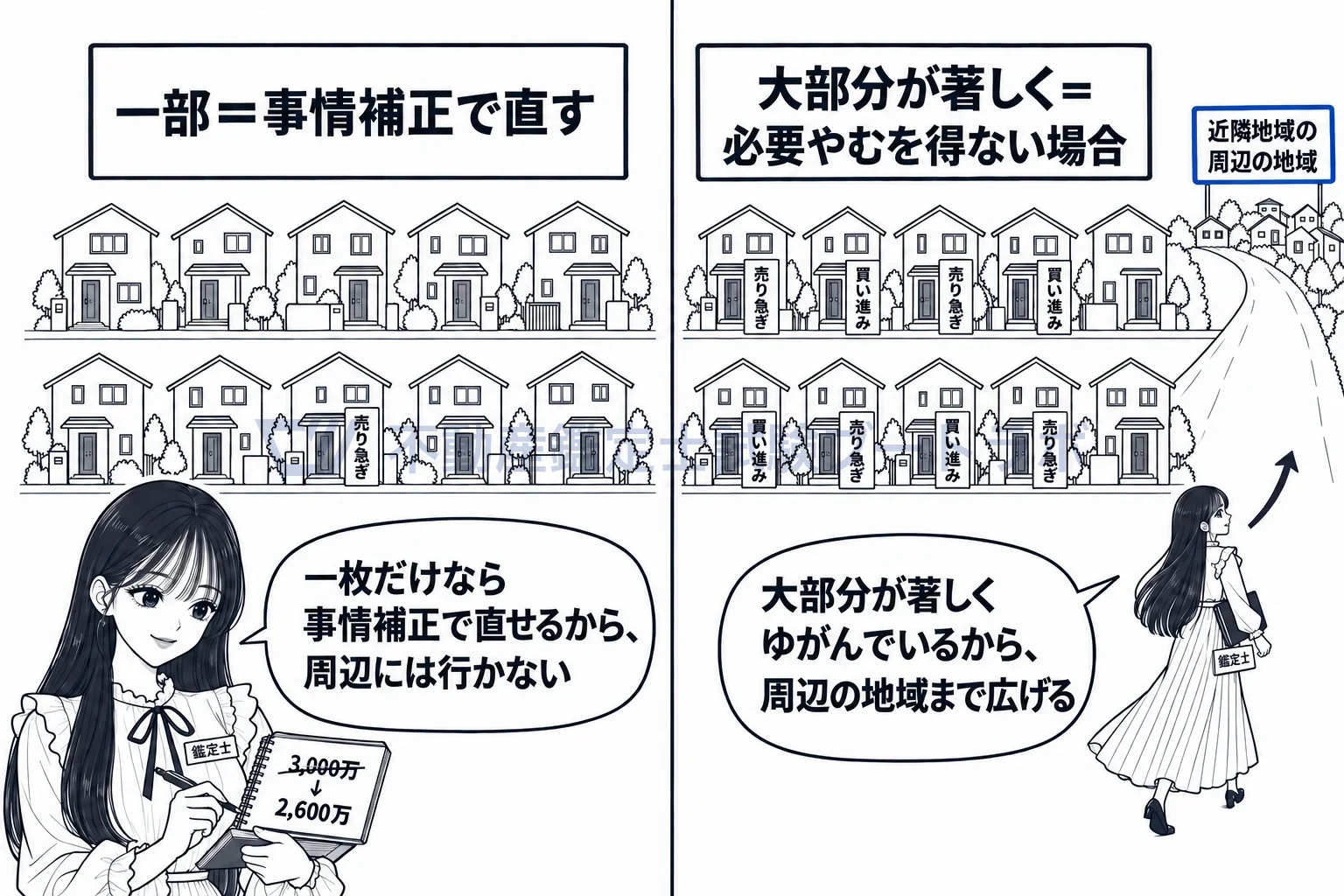 必要やむを得ない場合の図解:一枚だけなら事情補正で直せる。大部分が著しくゆがんで初めて周辺へ。