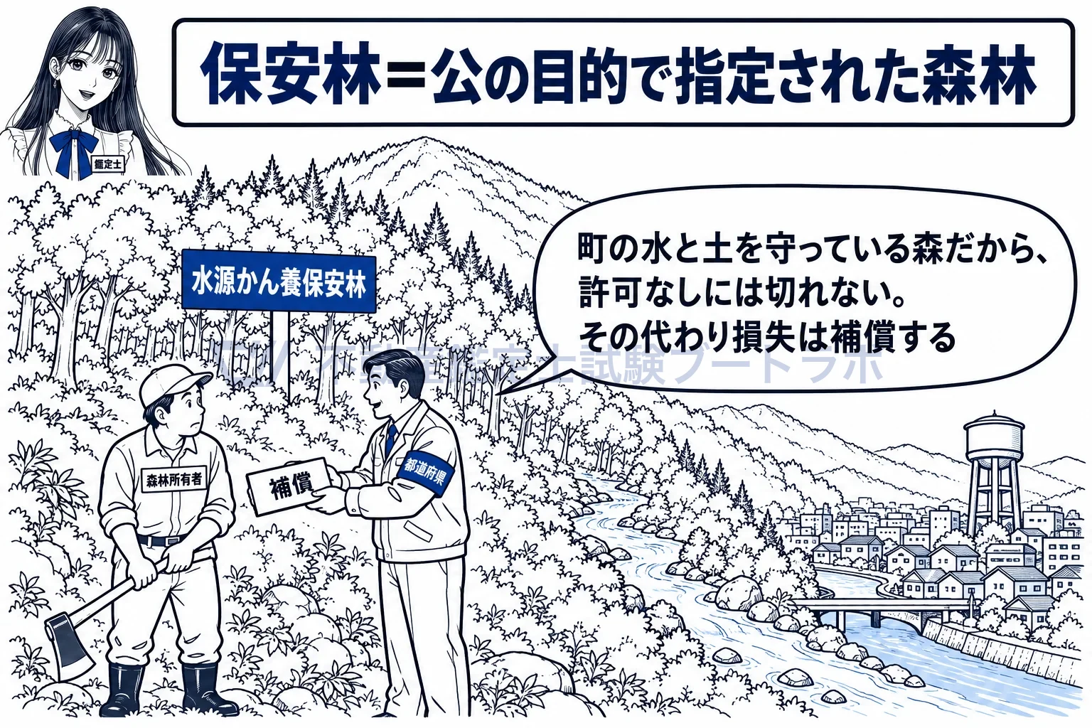 保安林の図解：町の水と土を守る森だから、公の目的で指定して勝手に切らせない。