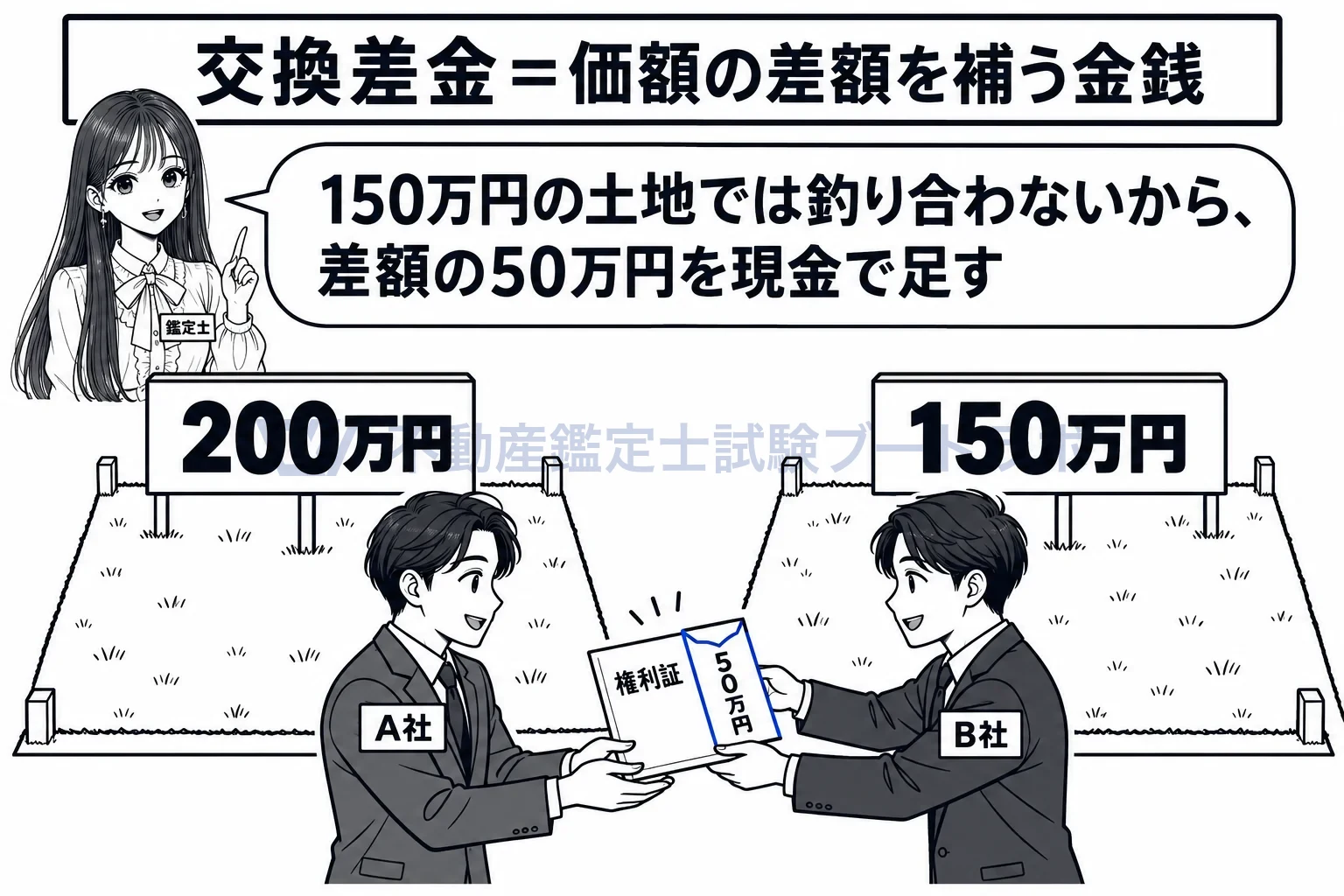 交換差金の図解：価値の釣り合わない土地の交換に、差額を補う現金を添える。