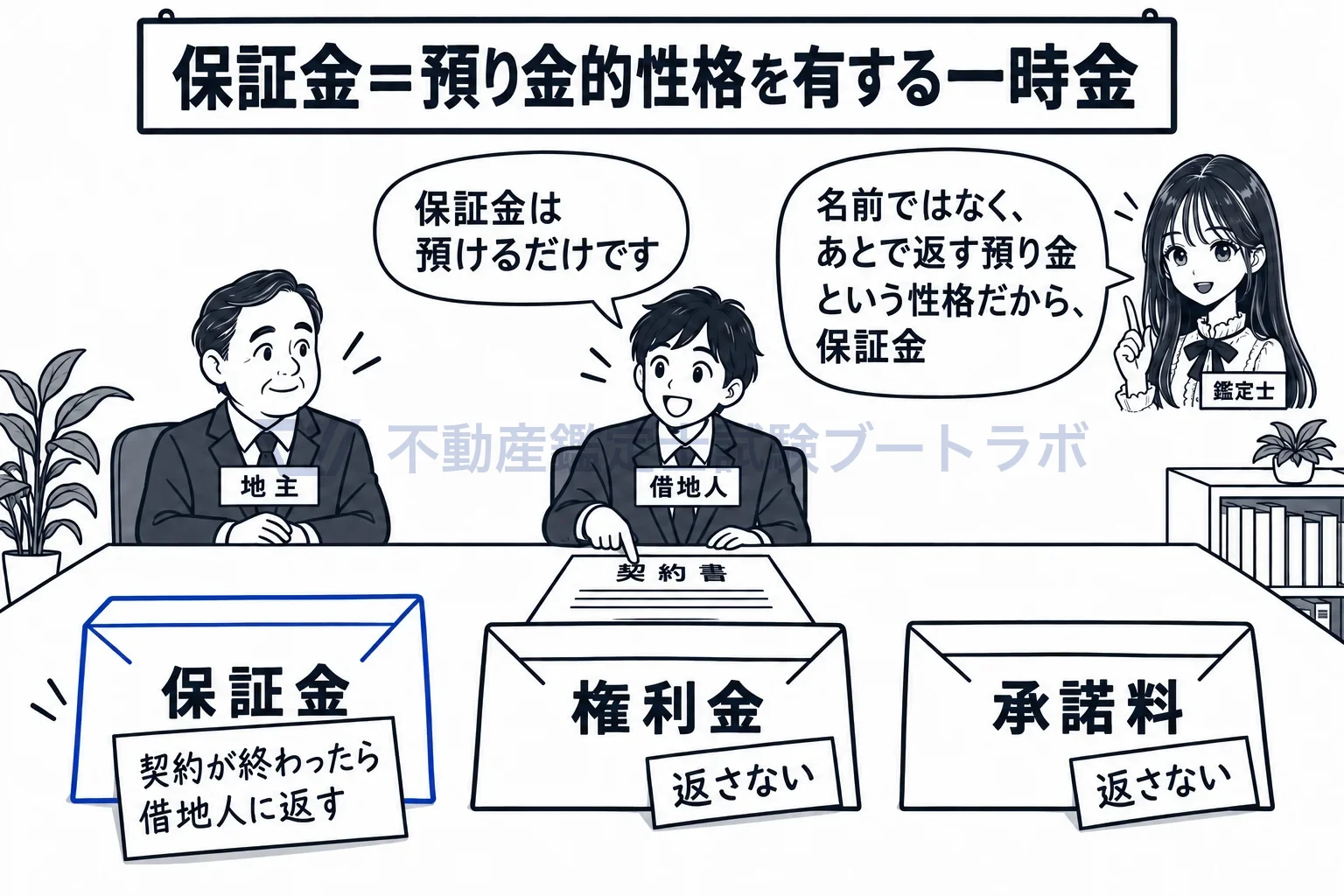 保証金の図解：地主に渡る三つの一時金のうち、契約が終われば返す預り金が保証金。