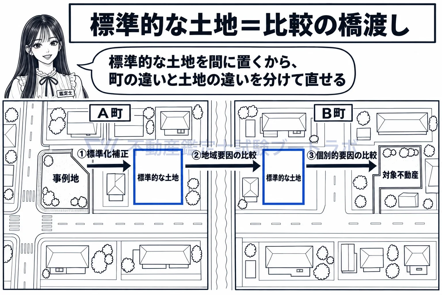個別的要因が標準的な土地を設定して行う方法の図解：各地域の標準的な土地を橋渡しにして、町の違いと土地の違いを分けて直す。
