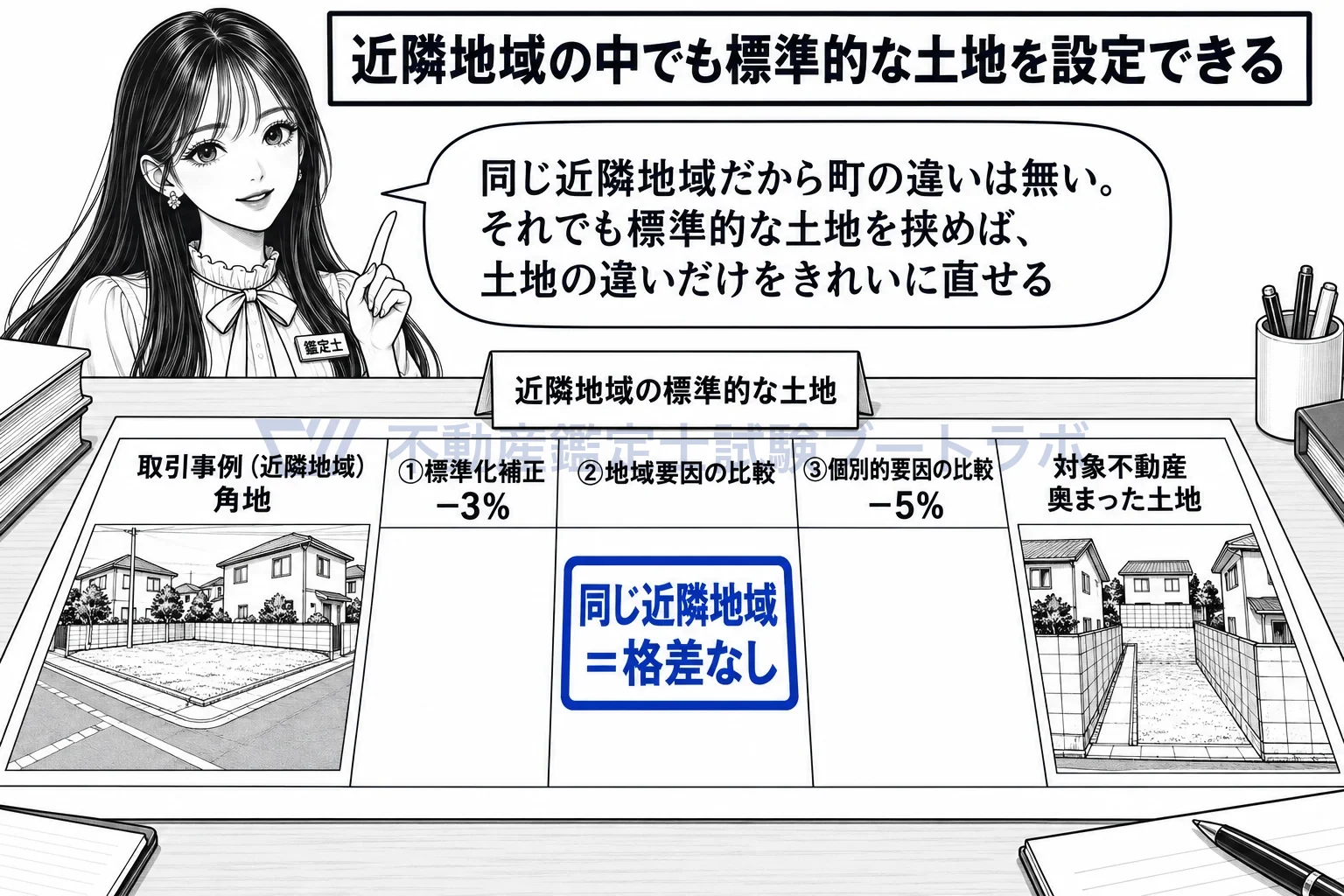 個別的要因が標準的な土地を設定して行う方法の図解：近隣地域の中の事例でも、標準的な土地を挟んで土地の違いだけを直せる。