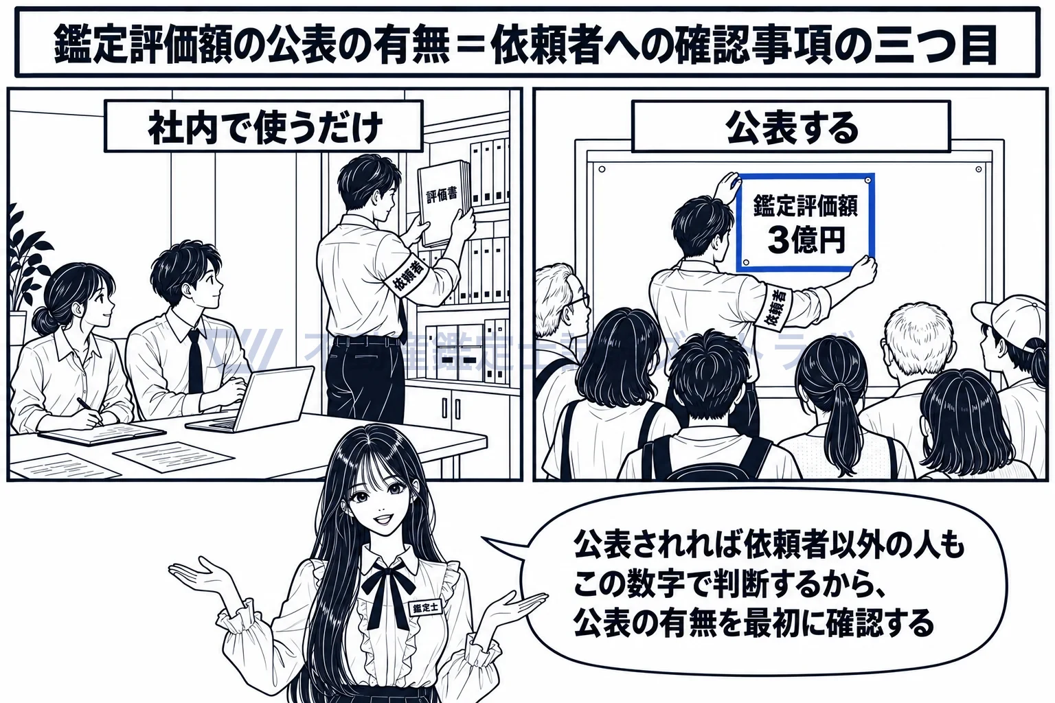鑑定評価額の公表の有無の図解:社内で使うだけか、世の中に出るか。数字の届く範囲を最初に聞く。