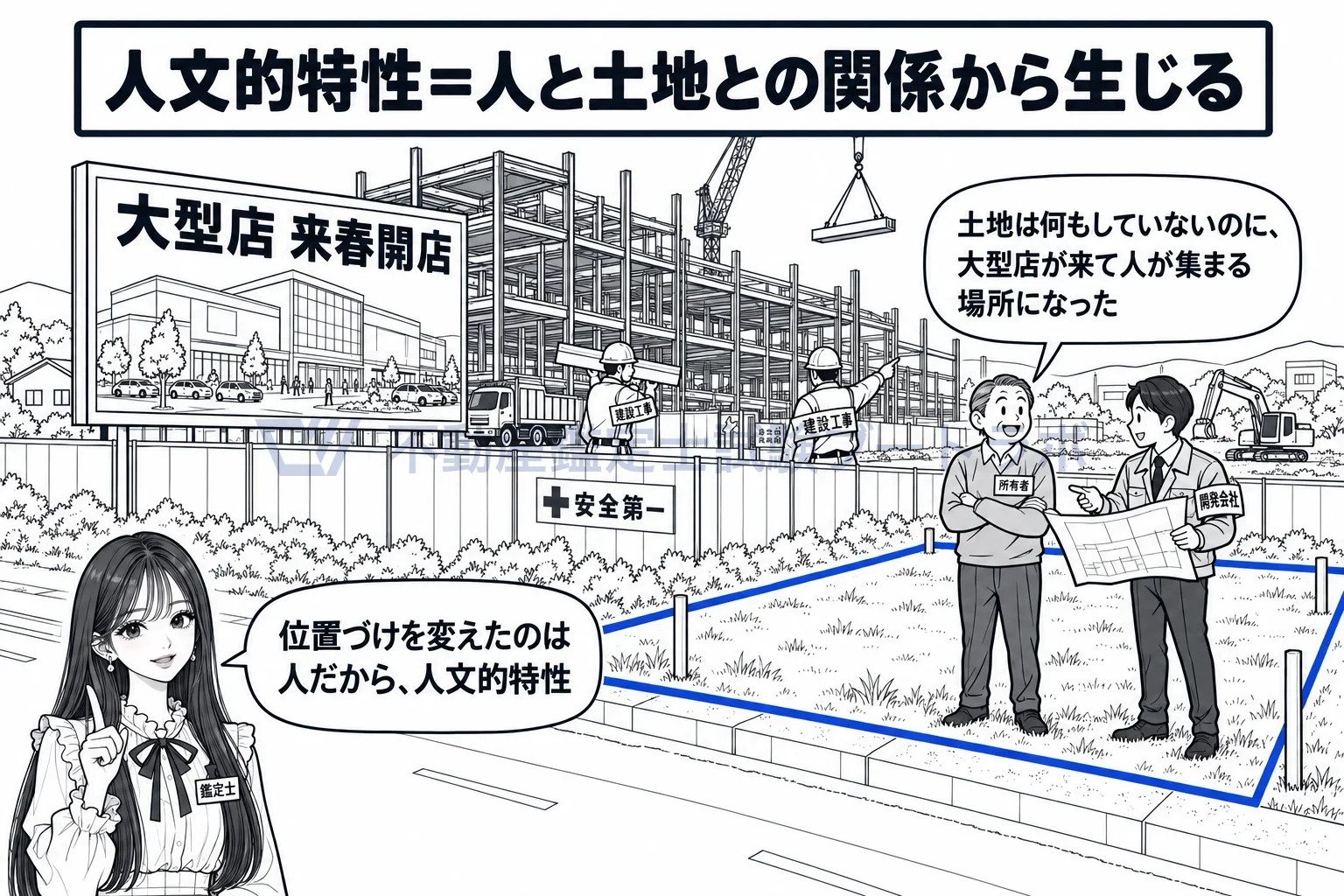 社会的及び経済的位置の可変性の図解:大型店を建てたのは人。土地は何もしていないのに、人が集まる場所になる。