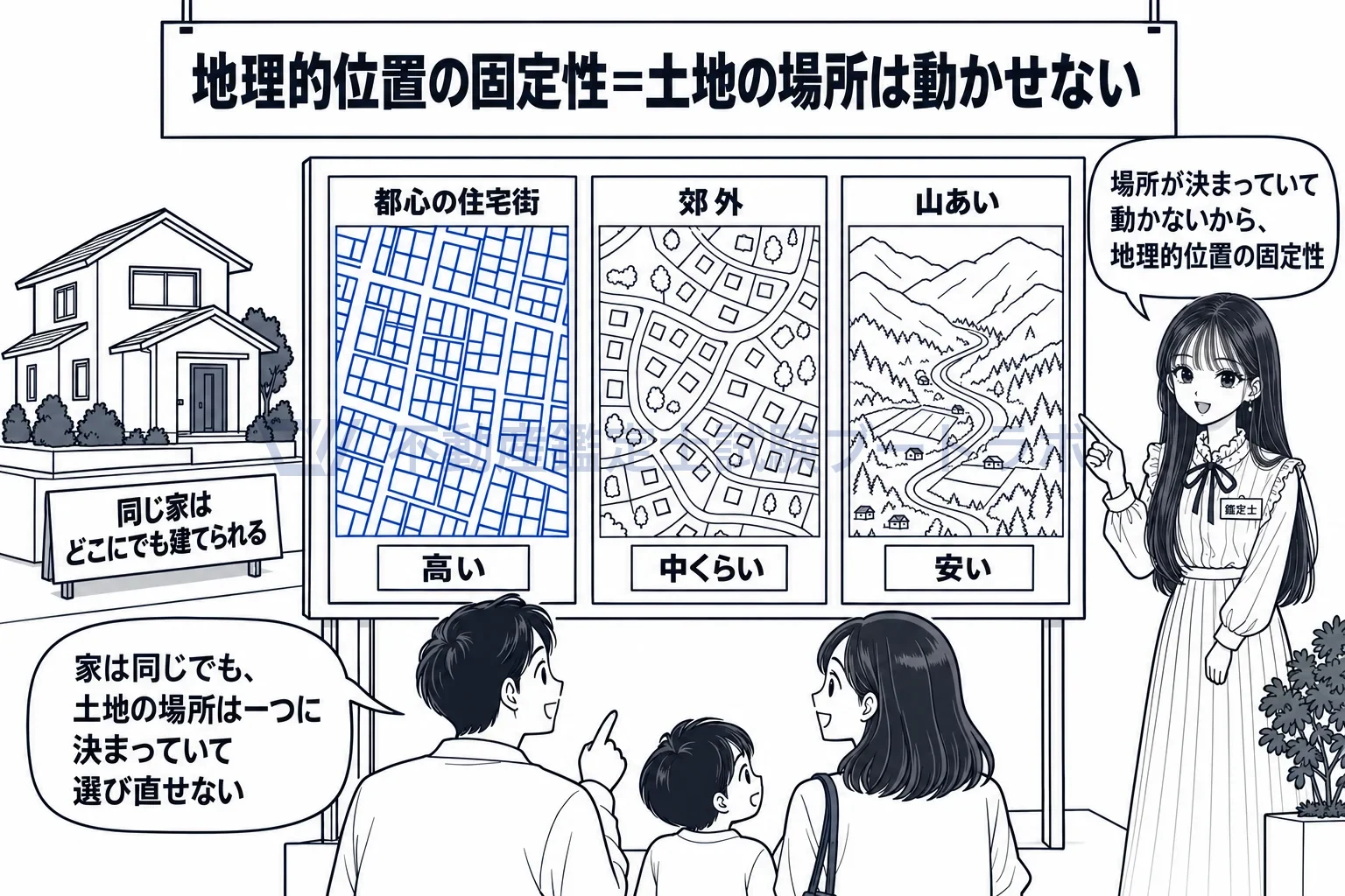 地理的位置の固定性の図解：家は同じものを建てられるが、土地の場所は一つに決まっている。