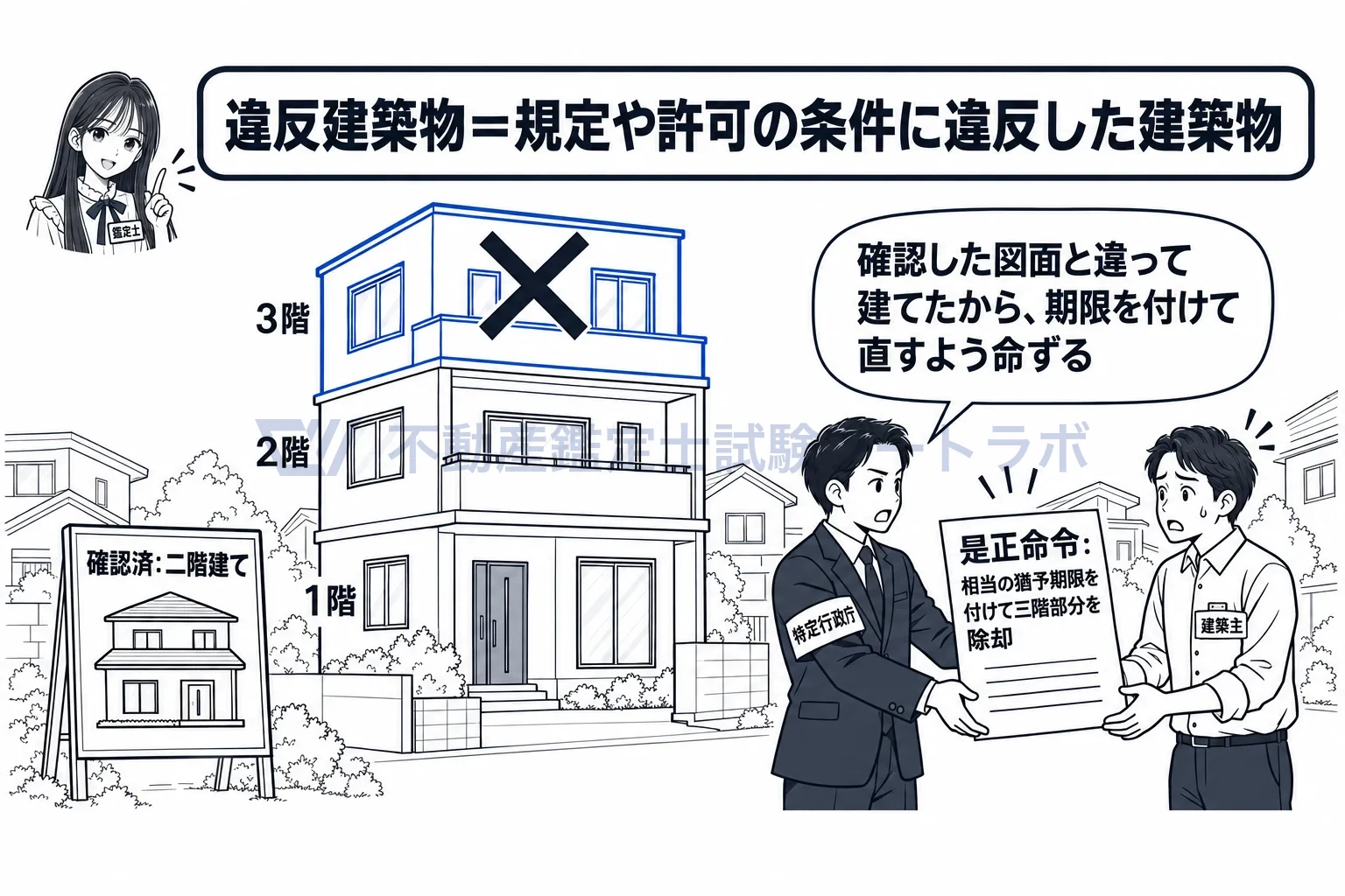 違反建築物の図解：図面と違って建てたから、特定行政庁が期限を付けて直すよう命ずる。