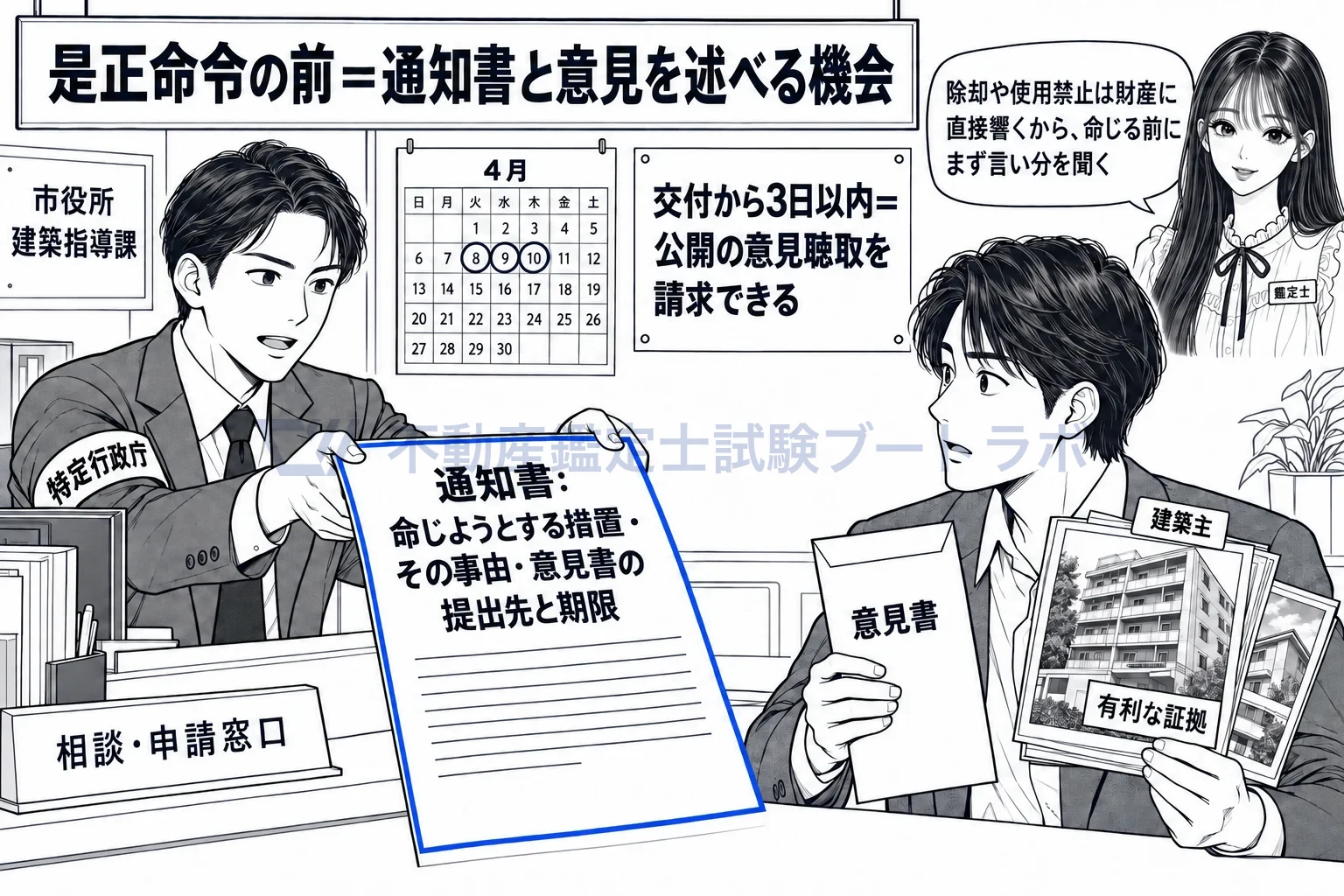 違反建築物の図解：いきなり壊せとは言わず、通知書を渡してまず言い分を聞く。